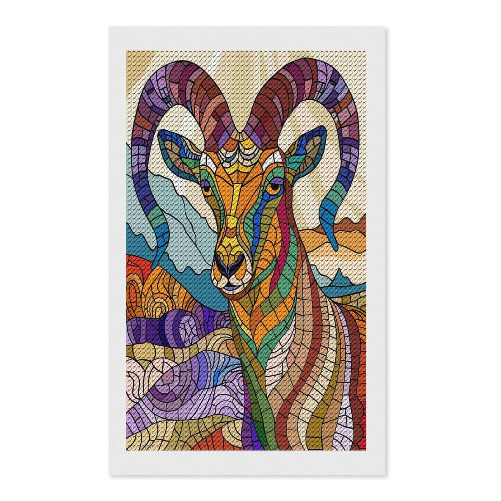Junmoney Stained Glass Ram in Mountains Diamond Painting Kit 12"x20", for Women, Simple to Start, Bedroom Decor, Christmas Gift, Good for Quiet Evenings