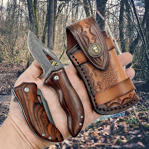Miniatura 2 de Damasco - Cuchillo de bolsillo plegable pequeño con funda de cuero núcleo de hoja afilada VG10 mango de madera Mini cuchillo plegable EDC bloqueo de