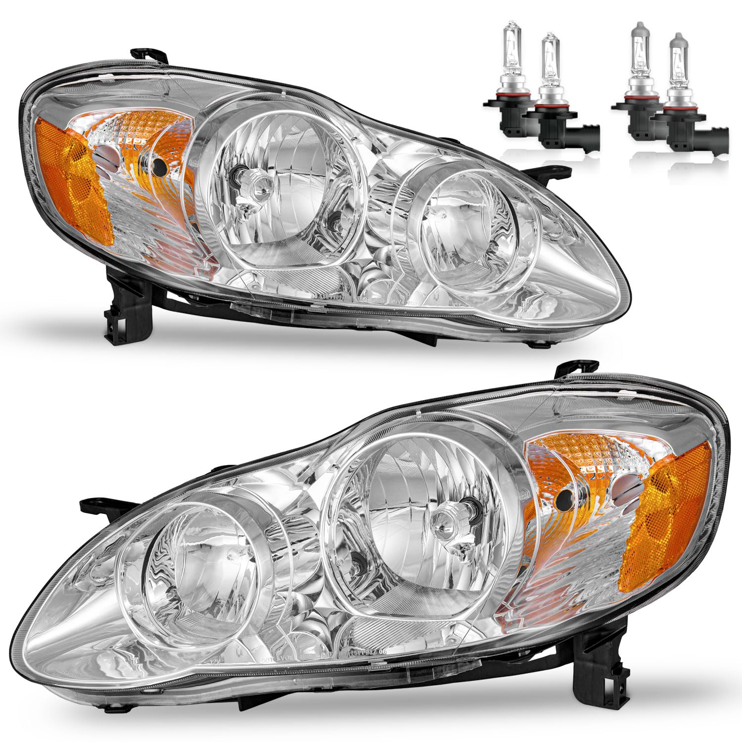 Headlights W/Bulbs for 2003 2004 2005 2006 2007 2008 Toyota Corolla Halogen Headlamp Replacement Driver & Passenger Side