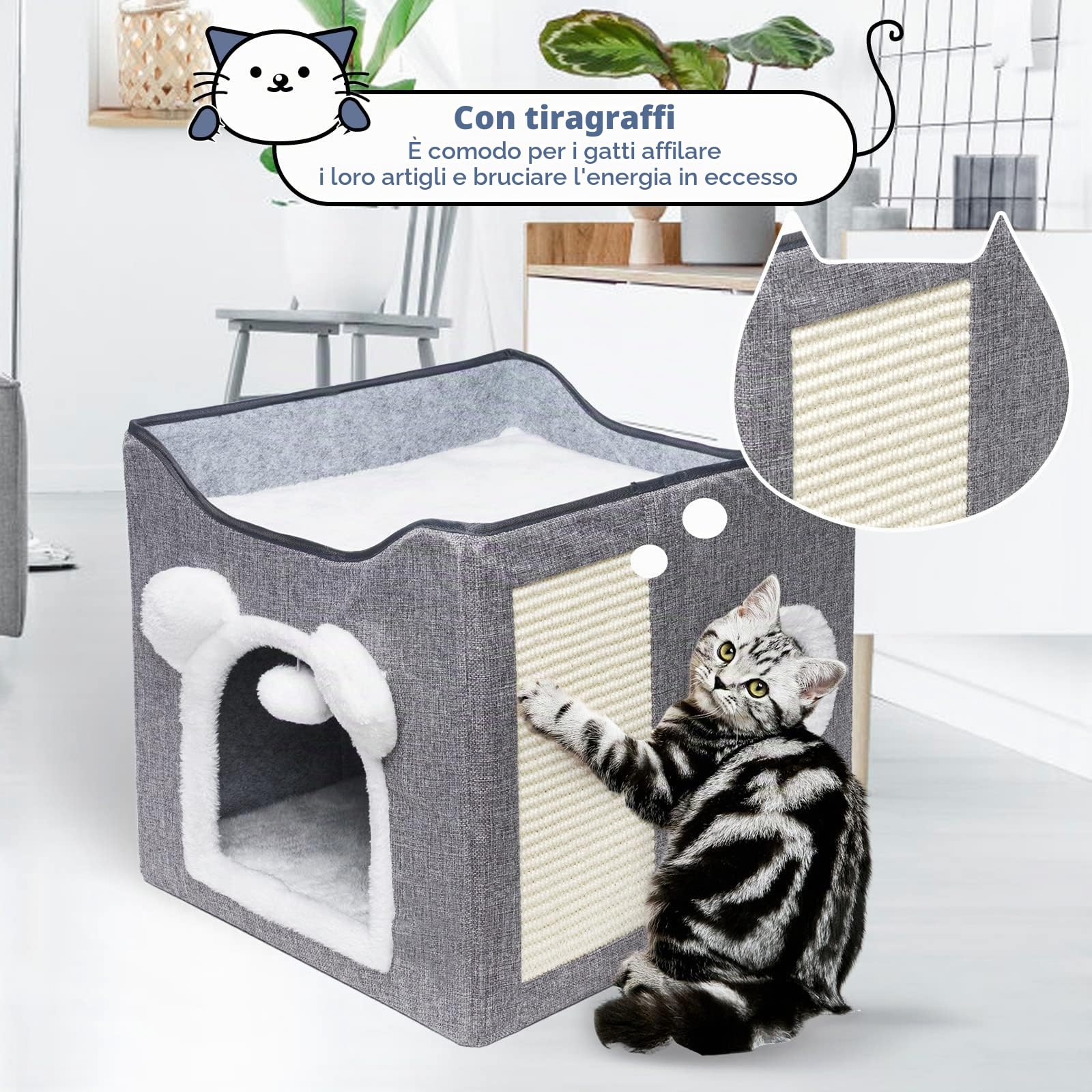 Cuccia per gatti cani Pieghevole Cestino per gatti con 2 cuscini rimovibili Palla appesa e tiragraffi Cuccia 40x40x40cm (falsificazione)