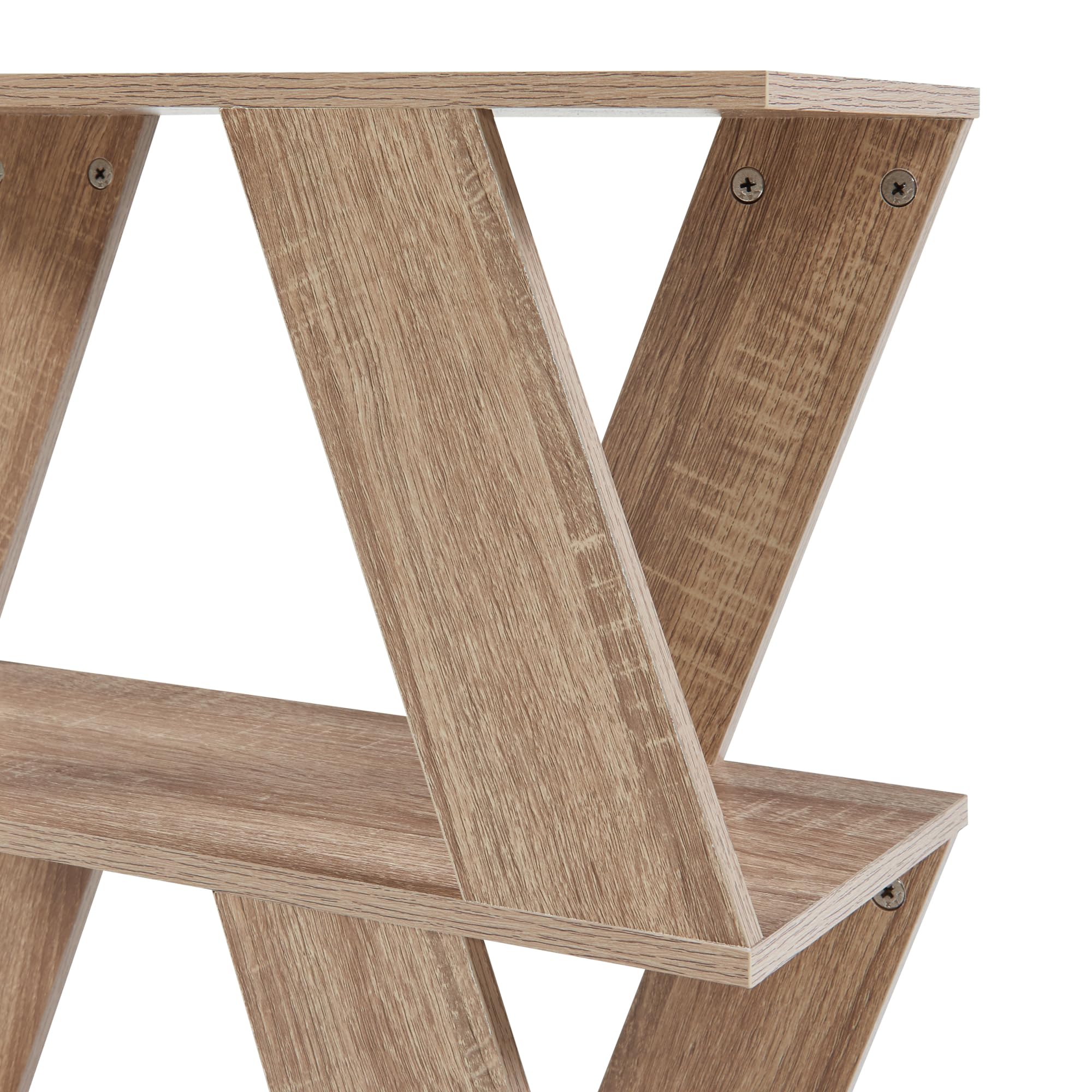 [en.casa] Versátil Mesa Auxiliar con Amplio Tablero y 2 Estantes Mesita de Noche Mesa de Sofá Original Diseño con Lamas Inclinadas Aglomerado 60x22x57 cm - Efecto Roble