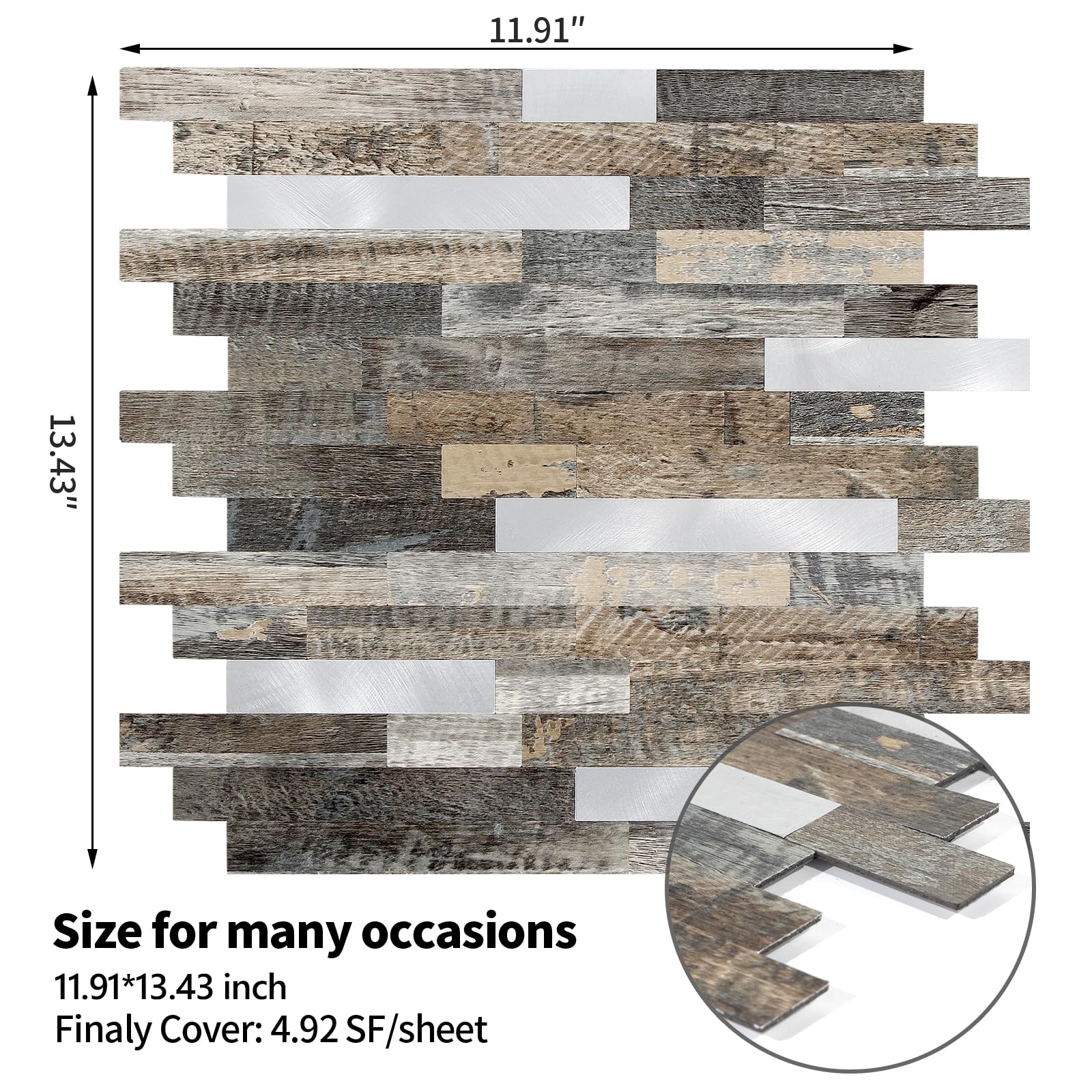 Yipscazo Peel and Stick Wood Metal Tile Backsplash, Stick on Tiles for Backsplash Kitchen Bathroom, Laundry Room, Camper - Image 2