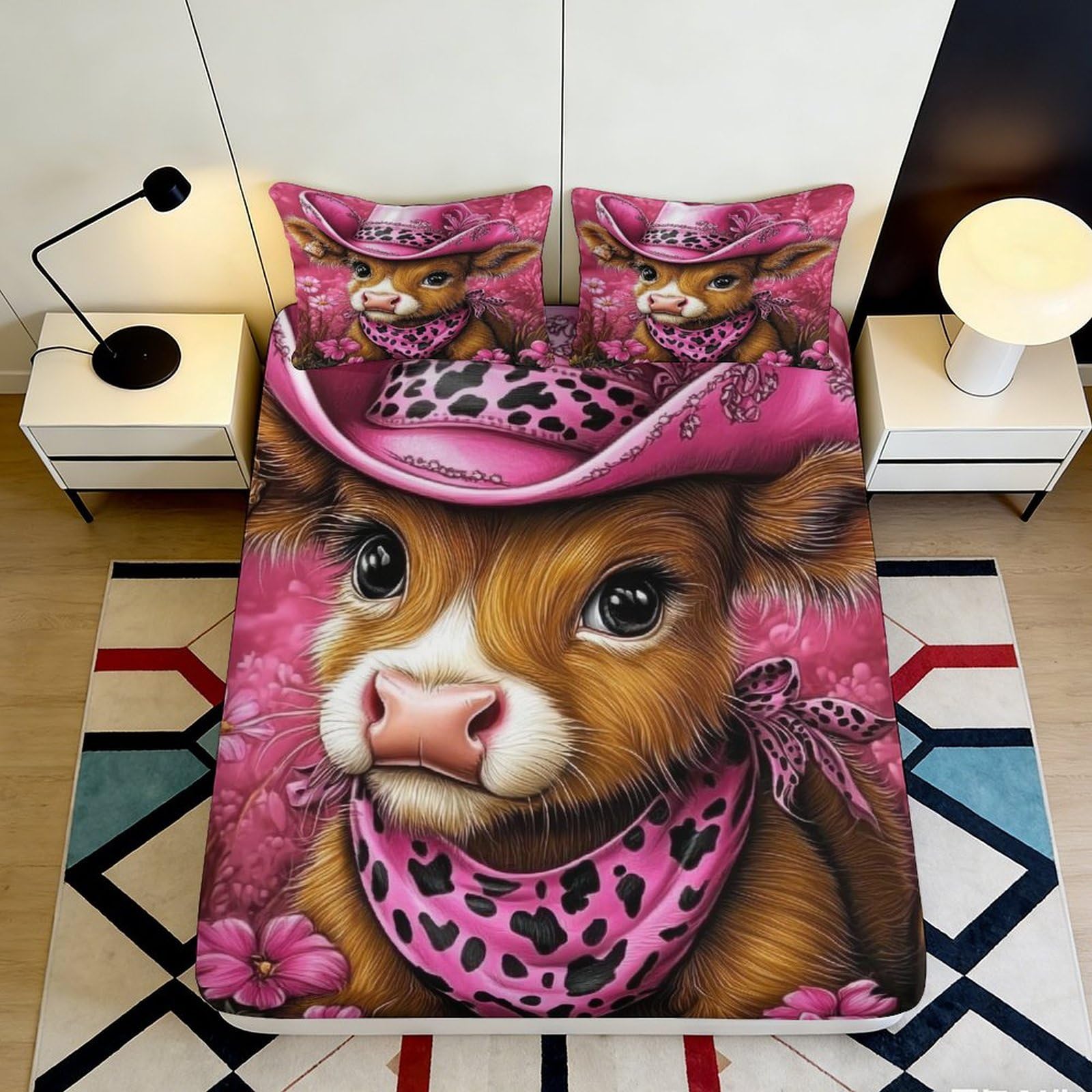 3D Printed Cartoon Cow Fitted Sheet Microfiber Pink Cowboy Hat Bed Cover for Bedroom Dorm Mattress Protection Decor 90x200x25cm