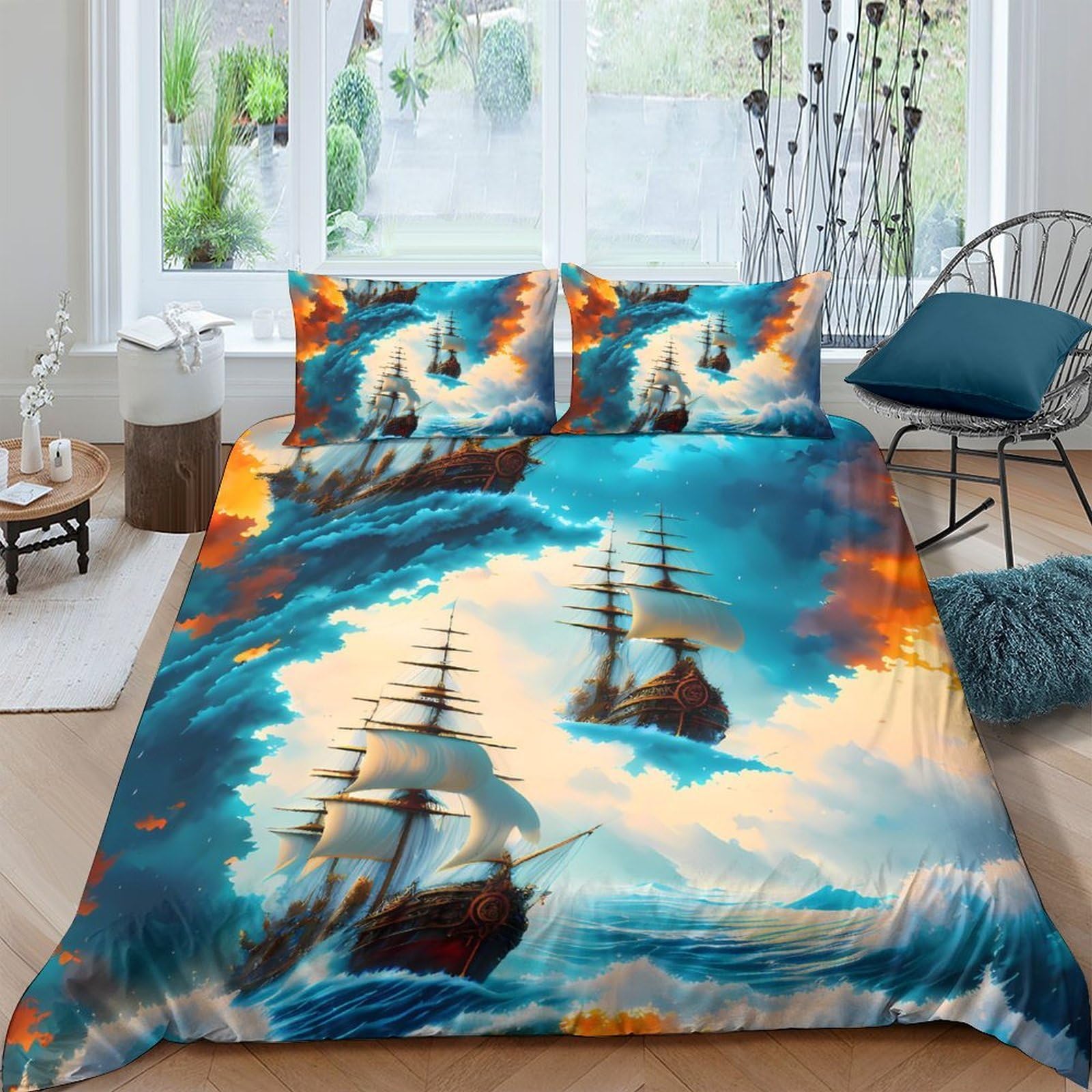 Ctjqhvkz Style-6 3D Printed Ocean Storm Ship Fitted Sheet Microfiber Soft Decorative Sailing Bed Cover For Bedroom Guest Room Single（135X200cm）