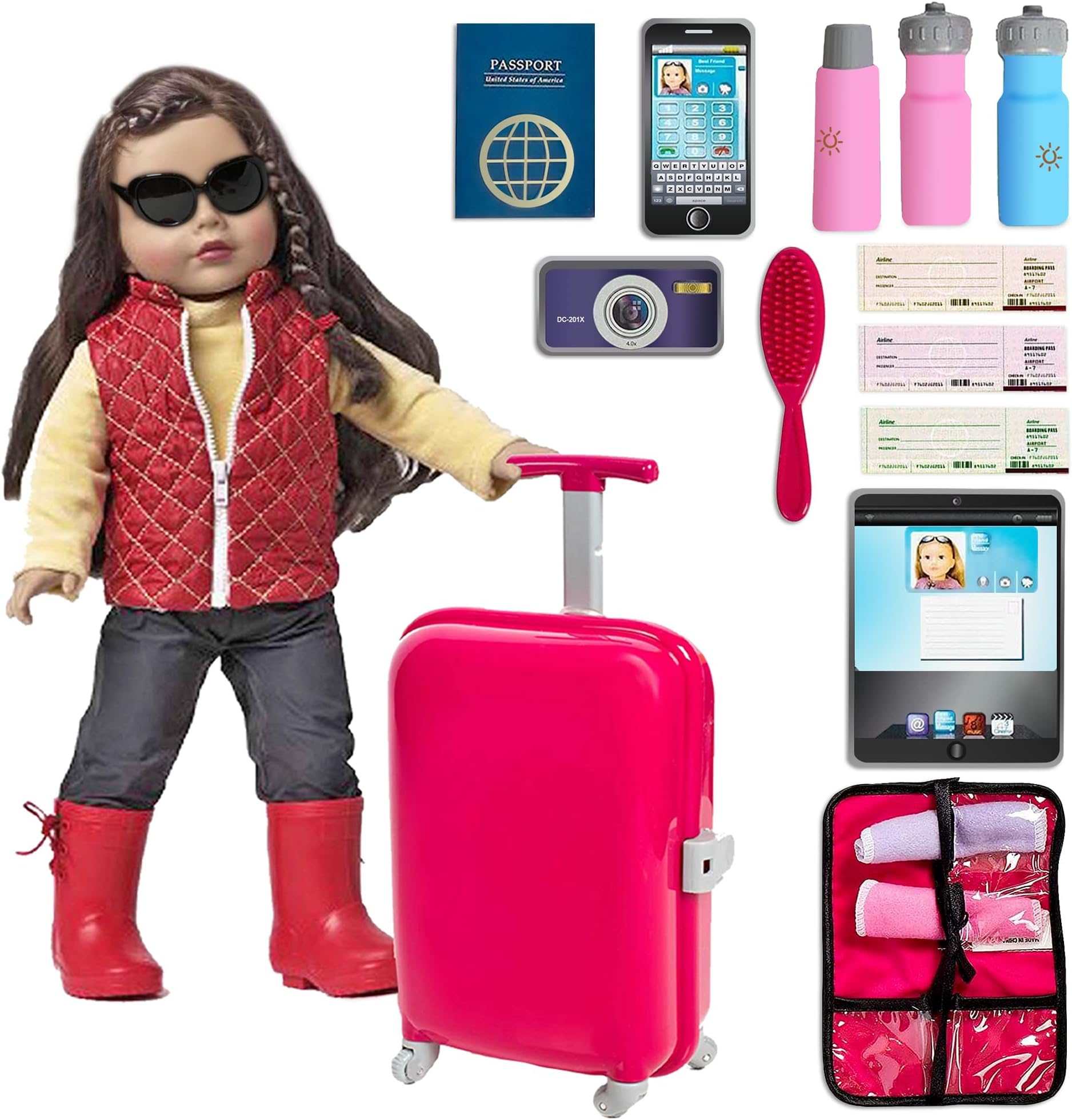 Beverly Hills Doll Collection 18 Inch Doll Accessories Play Travel Set - 16 Pcs Suitcase Luggage Carrier with Sunglasses, Passport, Tickets, Camera, and More, Doll Not Included