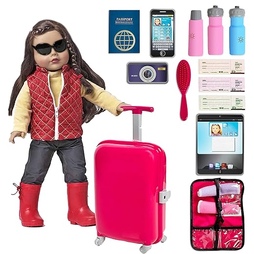 18 Inch Doll Accessories Play Travel Set - 16 Pcs Suitcase Luggage Carrier with Sunglasses, Passport, Tickets, Camera, and More, Beverly Hills Doll Collection