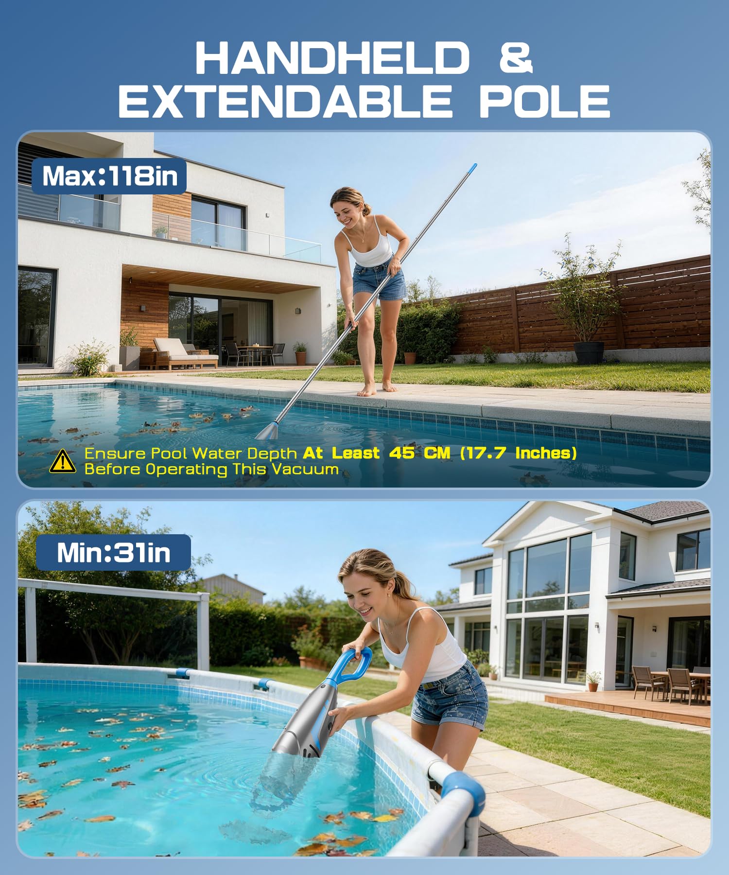 Aspirador de Piscina para Piscinas elevadas y enterradas (2026), 26,5 GPM Alta Potencia succión para Piedras, V3 IPX8 limpiafondos Piscina bateria, 2 Cabezales y 4 Bolsas de Filtro, 1 h de autonomía