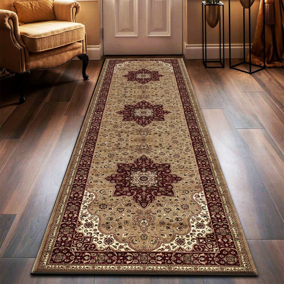 Vintage Traditional Non Slip Rug Bedroom Living Room Carpet Mat Runners Floral Pattern Wide Area Persian Style Rugs (80 x 300 cm - X Large Runner, Beige)