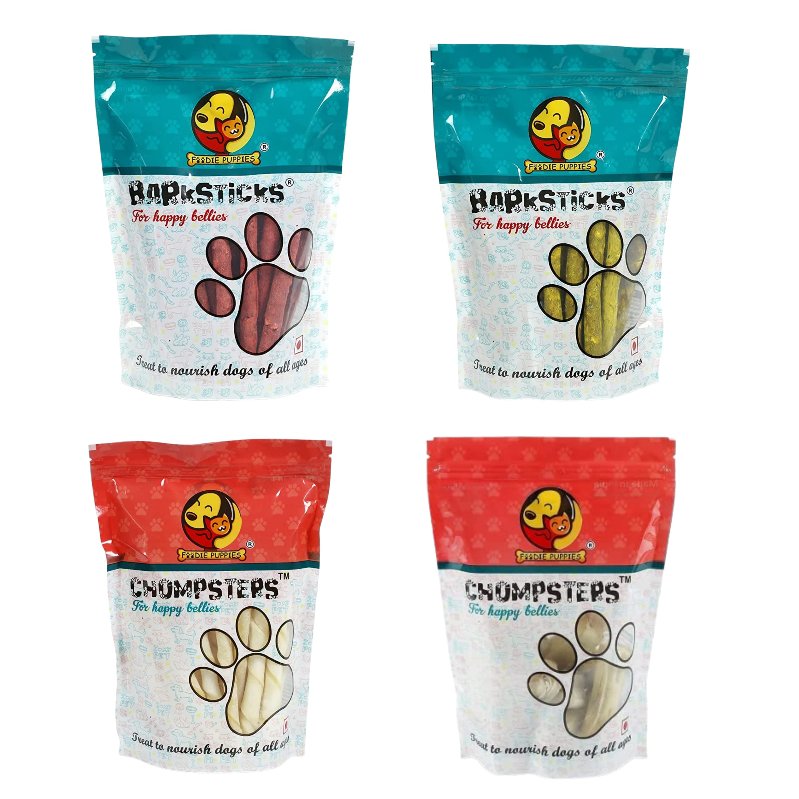 Foodie Puppies Treat Combo for Puppies and Dogs - Chompsters Chicken Sticks, Mutton Stick, White Twisted Stick and Chompster 2inch Bone - 250gm Each | Improves Dental Health, Freshen Breath
