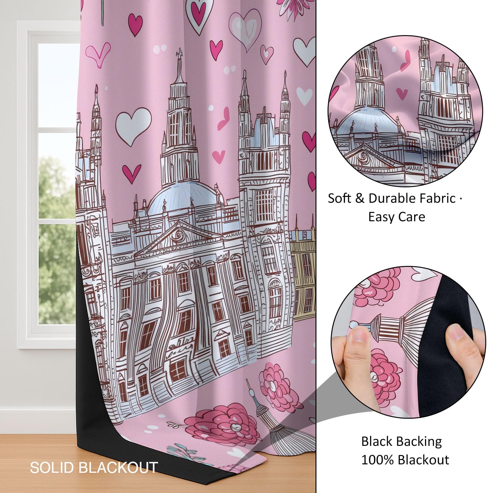 Caricatura Cortinas de Ventana 140 x 260 cm (2 Paneles), Opacas Térmicas Aislantes del Frío y del Calor Edificios Urbanos Rosas Autobús Flores para Dormitorio o Sala de Estar Decoración de Habitación