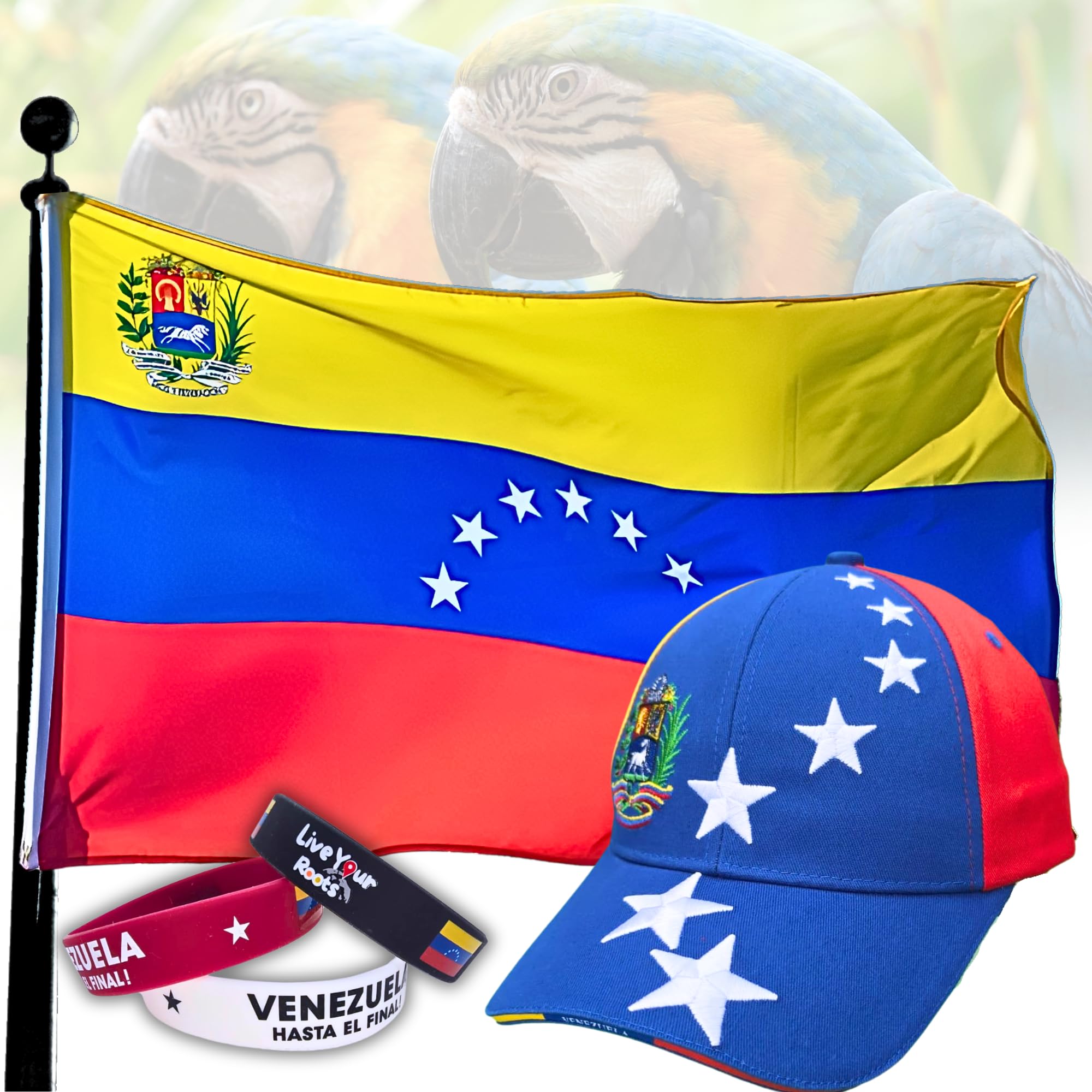 Bandera de Venezuela 7 Estrellas Grande Histórica 1954–2006 Contenido: 1 Bandera Venezuela 7 Estrellas + 1 Gorra Tricolor Talla M, 1 Pulsera “HASTA EL FINAL” + Bolsa de Algodón y Postal (Tricolor Kit)