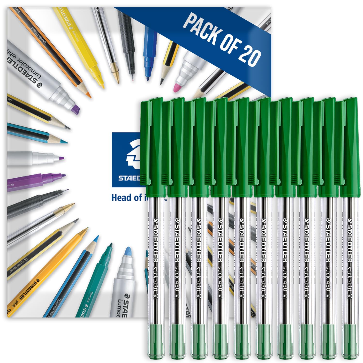STAEDTLER 430M Stick Ballpoint Medium Pens Pack of 20 Green