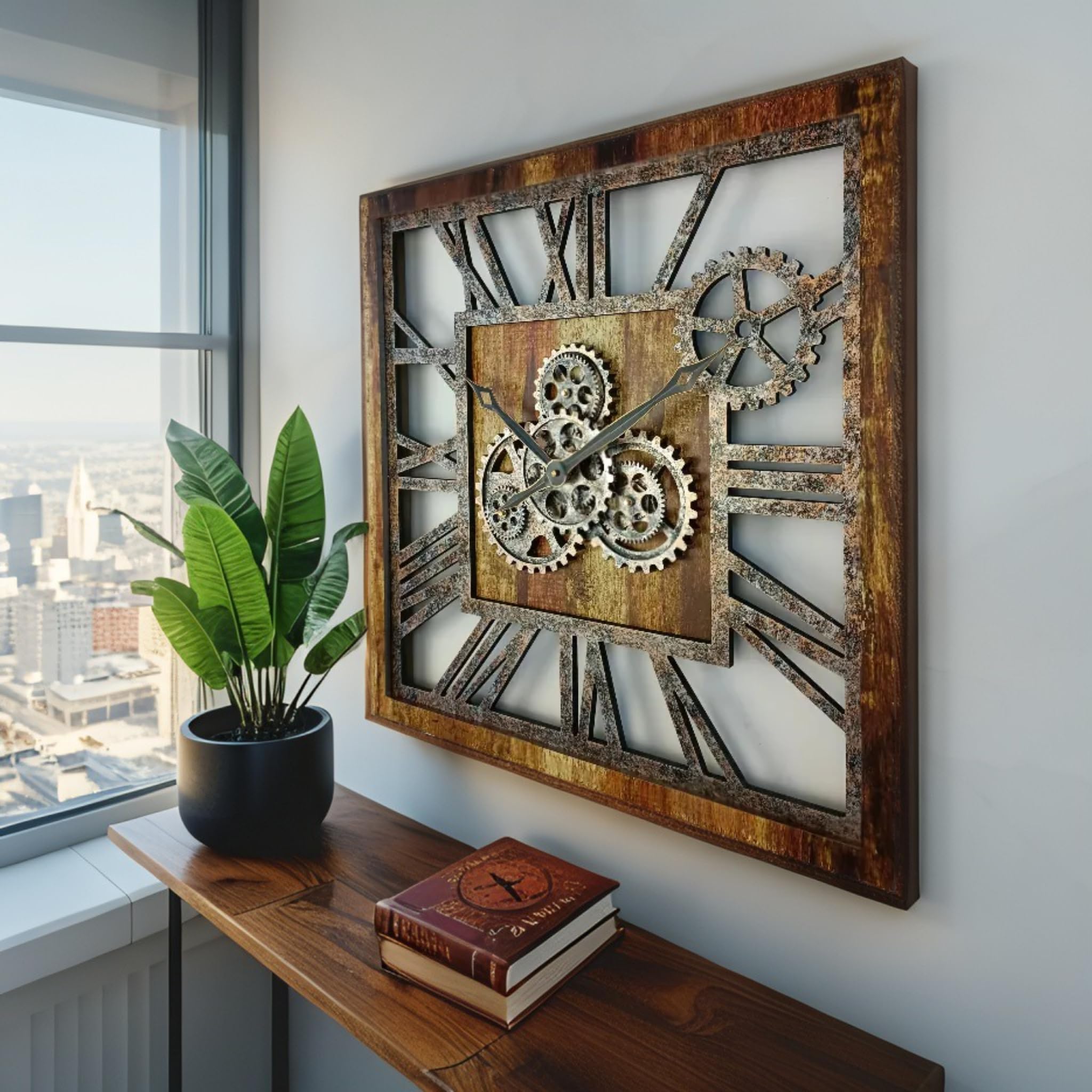 ImprovingLife The Gears Clock - Reloj de pared cuadrado de 61 cm con engranajes reales en movimiento, diseño vintage industrial extragrande, estilo rústico de granja (marrón vintage)