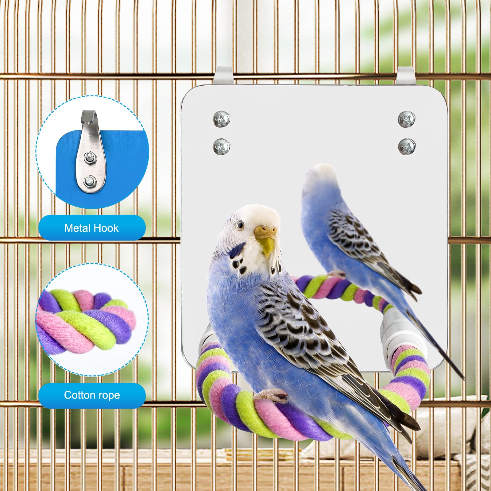 Espejo para pájaros de 5.9 pulgadas con cuerda percha para pájaros, columpio cómodo para grises, amazonas, periquitos, cacatúas, conure, tortolitos, pinzones canarios