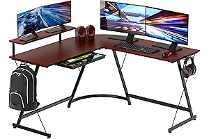 SHW Vista L-Shape Desk with Monitor Stand - Cherry