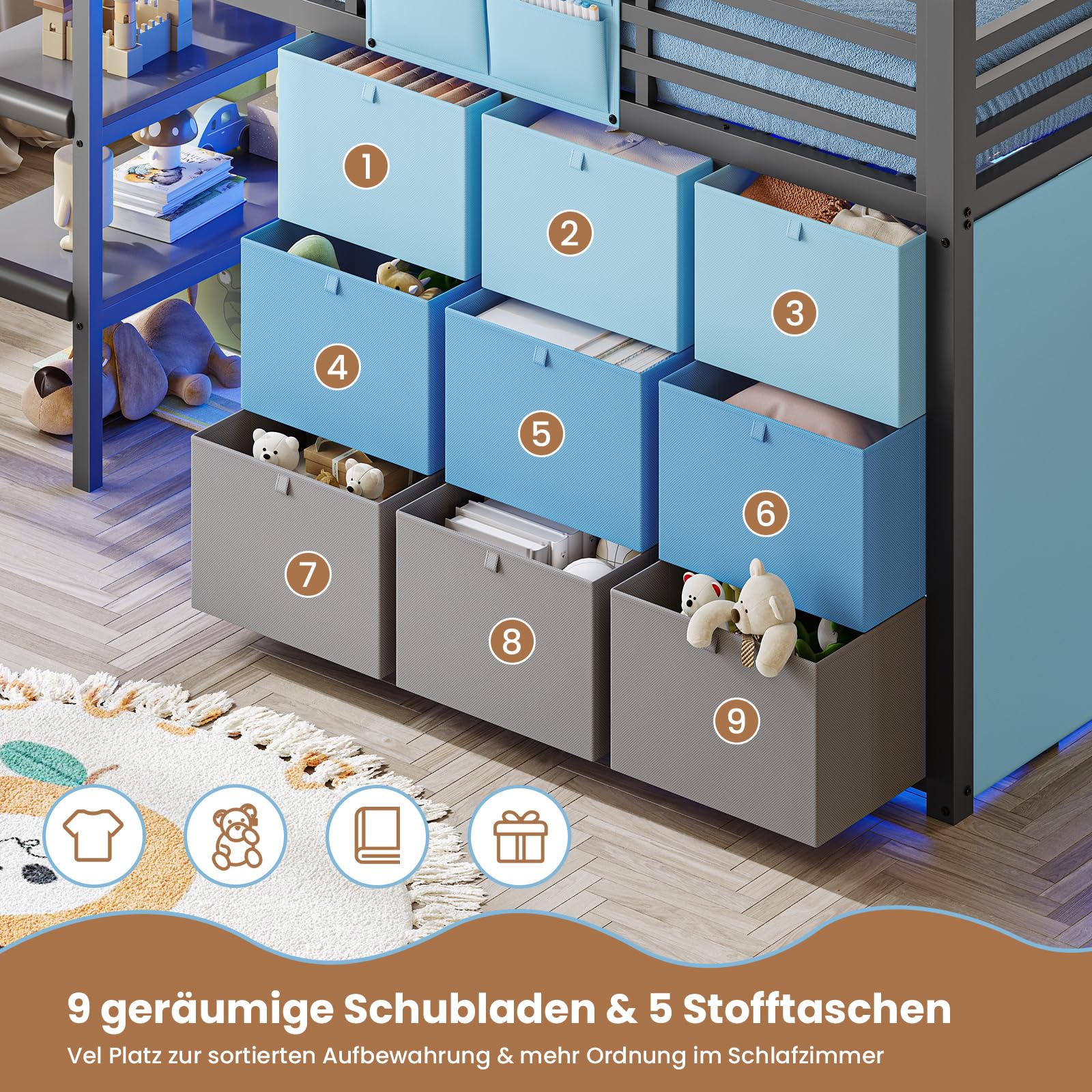 AOGLLATI Hochbett 90x200 mit LED, 9 Schubladen, Treppe als Ablagen nutzbar | Kinderbett mit Rausfallschutz 32 cm, Spielvorhang, Spielbereich unter dem Bett für Kinder, Grau+Blau, ohne Matratze