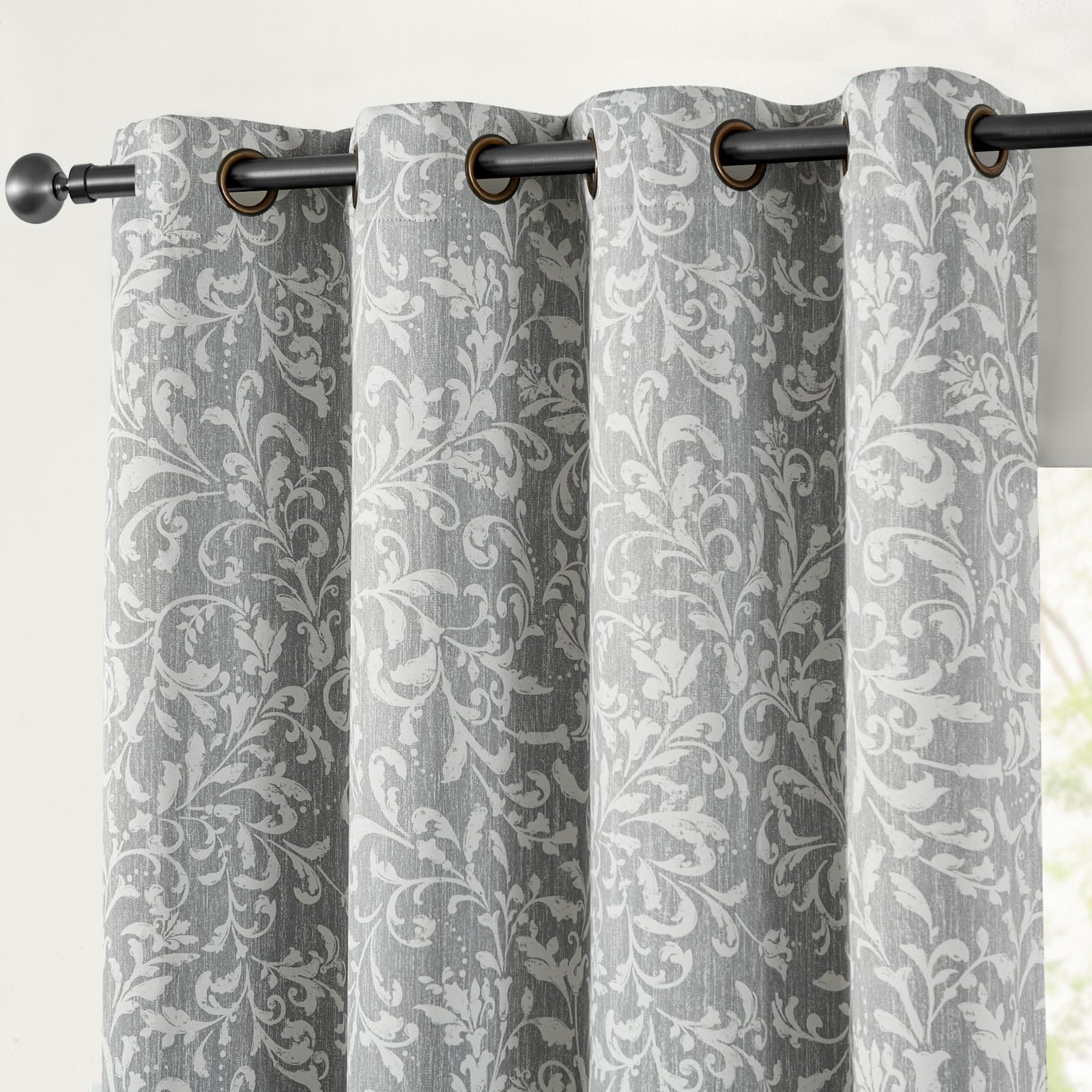 jinchan 100% Blackout Curtains for Bedroom, Silver Grey Scroll Floral Patterned Curtains 96 Inch Length for Living Room, Vintage Art Deco Drapes, Thermal Insulated Window Curtains Grommet 2 Panels