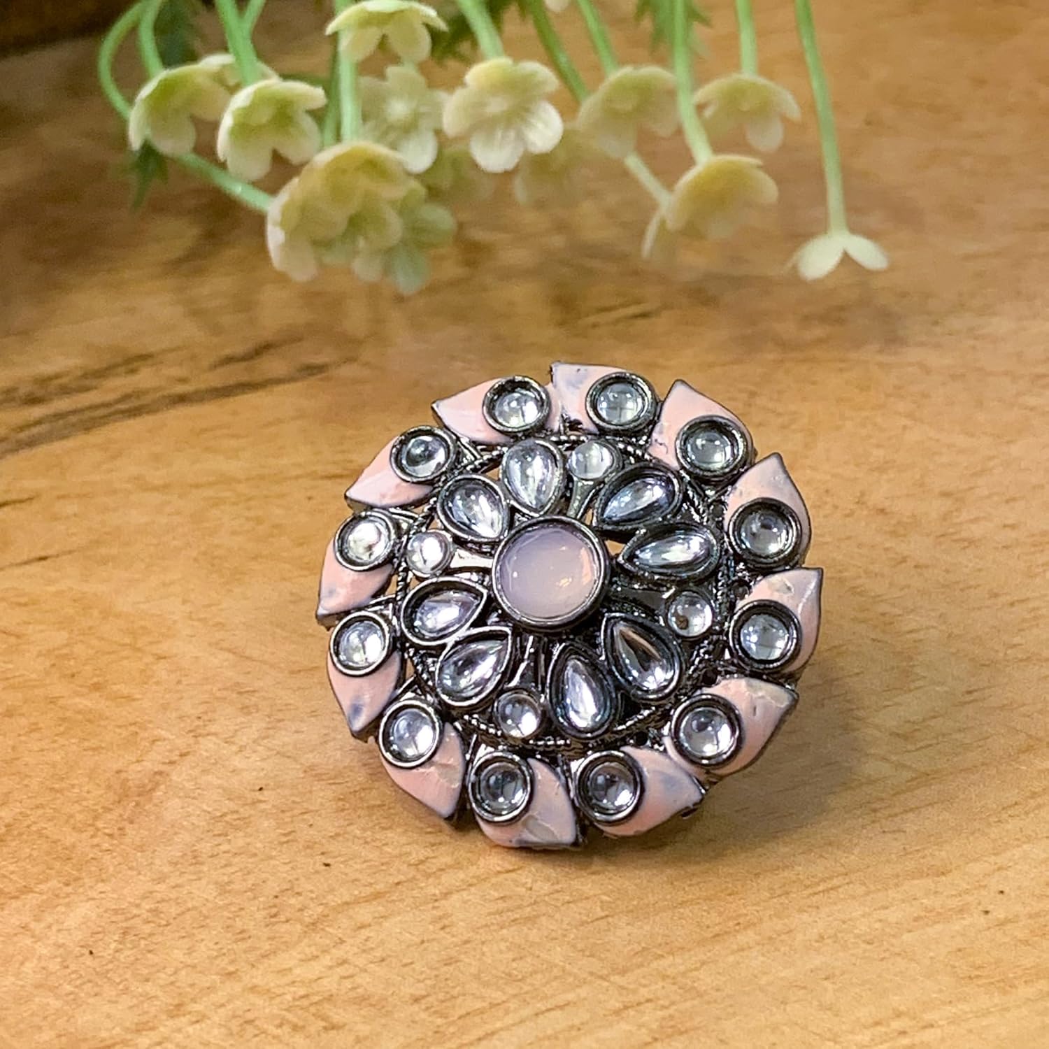 I Jewels Silver Oxidized Indian Wedding Bollywood Kundan Meenakari Work Designer Adjustable Finger Ring for Women (FL199)