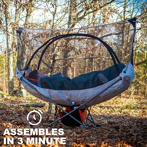 Miniatura 5 de Republic of Durable Goods Hamaca portátil con soporte incluido, soporte compacto plegable para acampar con toldo de sombra, mosquitera para viajes,
