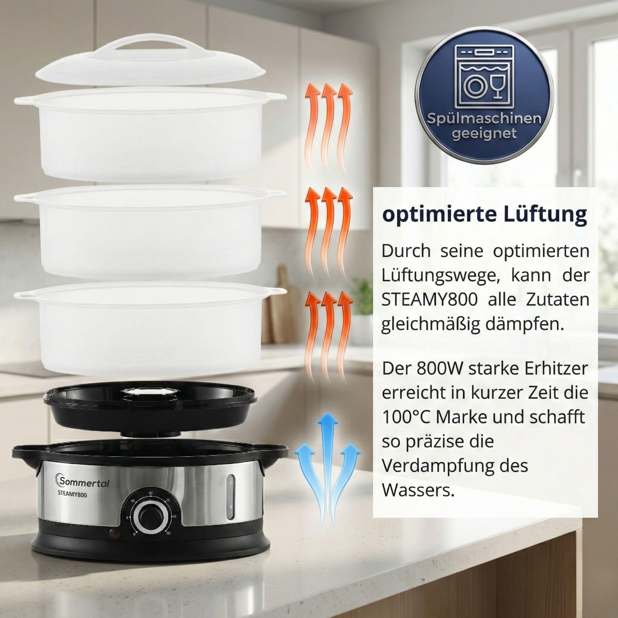 Sommertal Steamy800 Ammortizzatore 800 W 3 strati pentola senza BPA regolabile 0-60 min. Lavabile in lavastoviglie in plastica