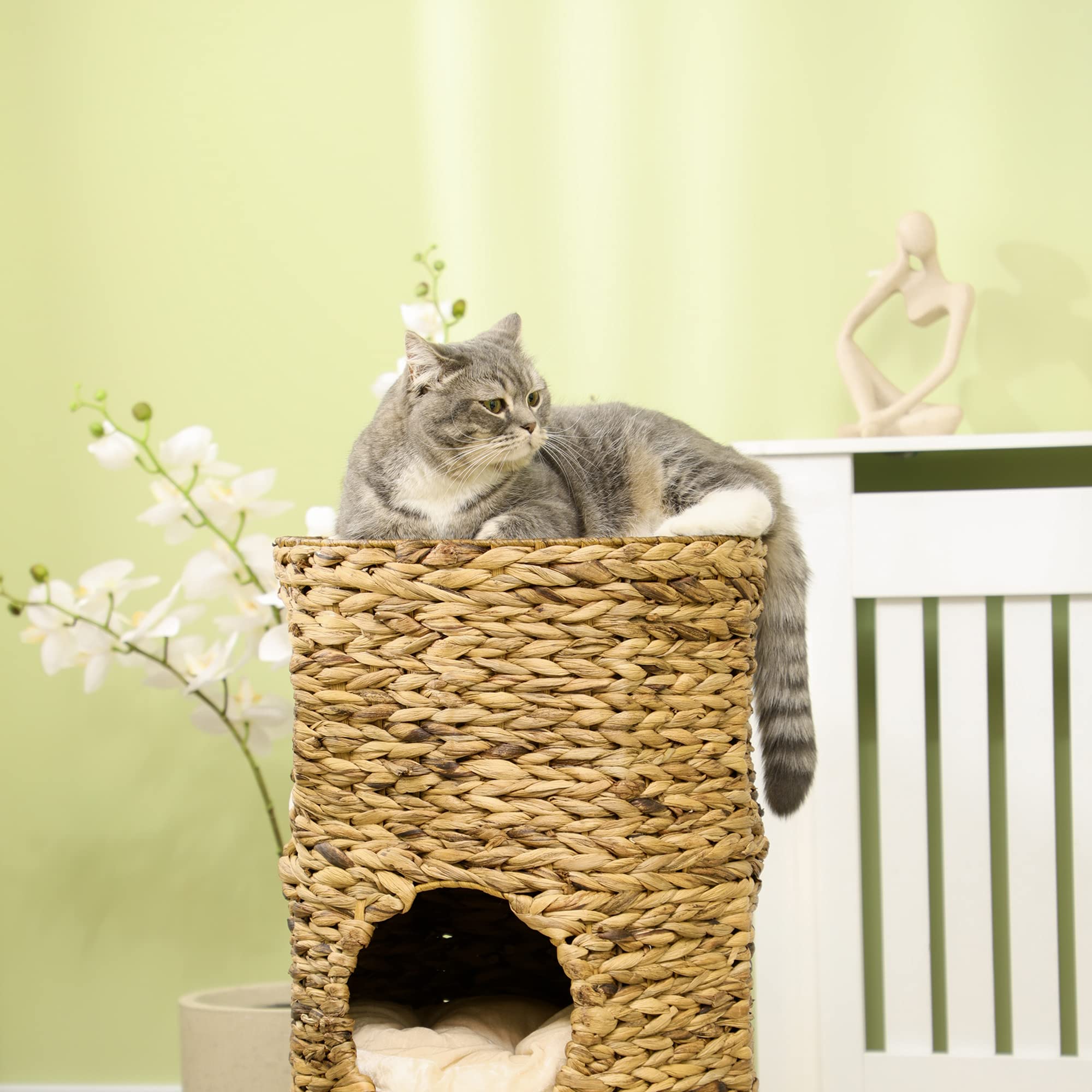 PawHut Tazzone tiragraffi alto 73 cm con 3 grotte, albero tiragraffi con cuscino, torre per gatti in giacinto d'acqua, per gatti fino a 3,5 kg, marrone chiaro