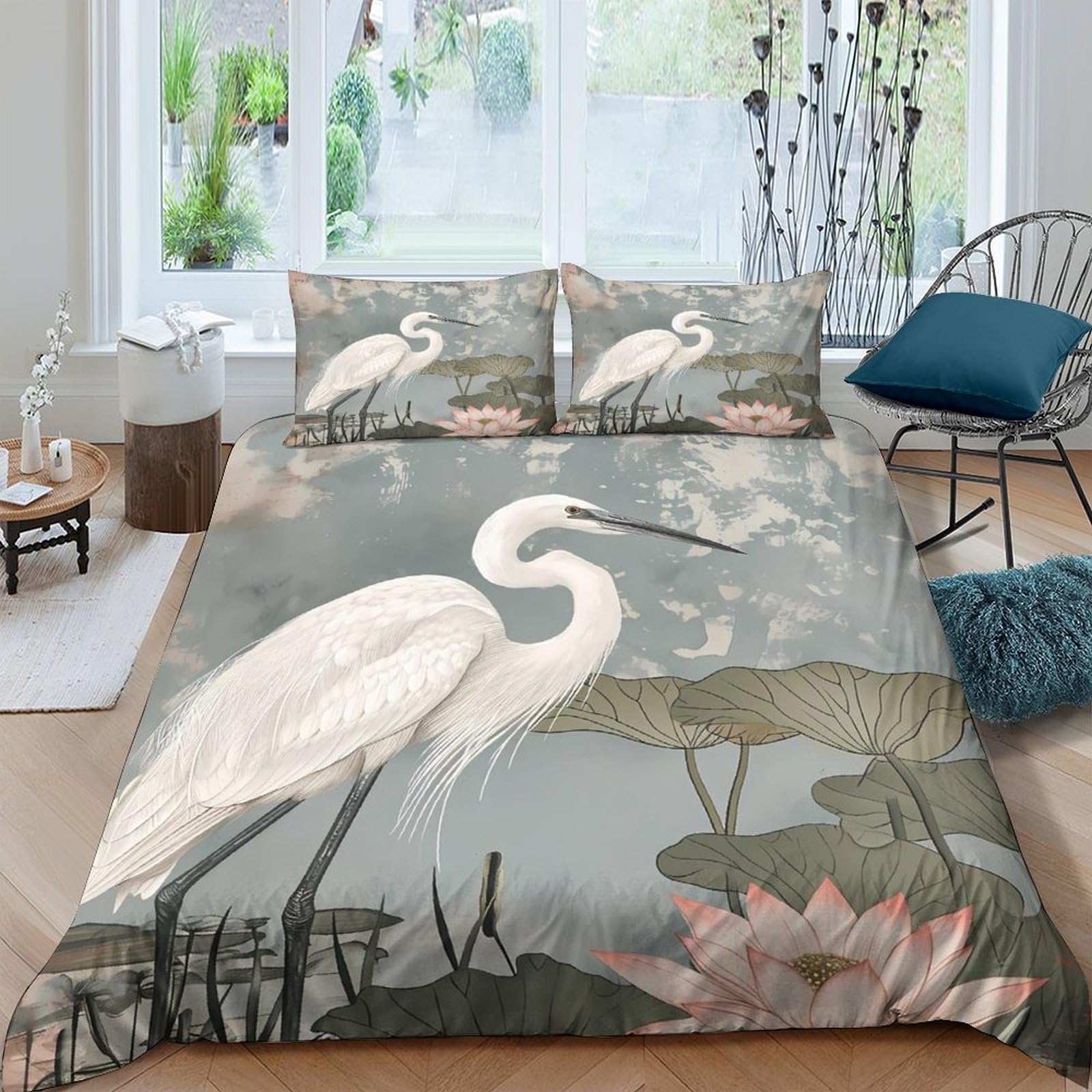 Ctjqhvkz Style-7 3D Printed White Crane Lotus Fitted Sheet Microfiber Soft Breathable Nature Lake Bed Cover For Bedroom Decor Single（135X200cm）