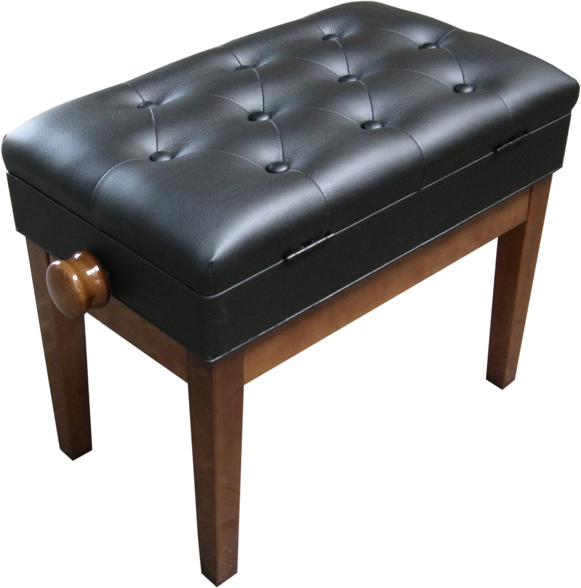KLAVIERBANK MIT NOTENFACH - PIANOSTUHL - KLAVIERHOCKER - PIANOBANK - WALNUSS Hochglanz - Starke POLSTERUNG - Leder SCHWARZ- HÖHENVERSTELLBAR - SITZFLÄCHE 36cm x 56cm - KL13