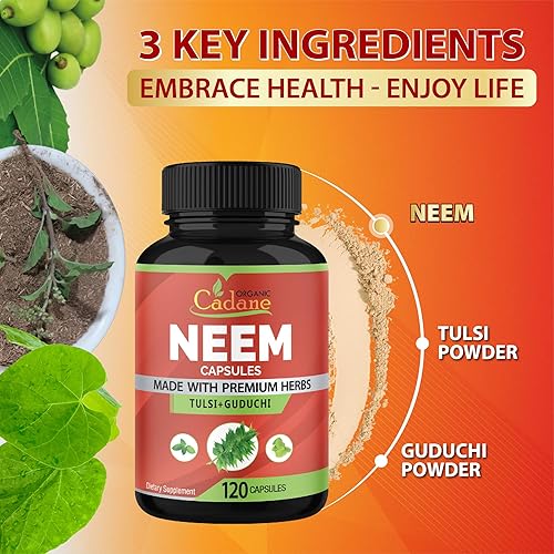 Miniatura 5 de Organic Cadane Cápsulas de suplementos de hojas de neem con albahaca sagrada Tulsi, Guduchi, 120 cápsulas vegetales | Apoya el sistema inmunológico
