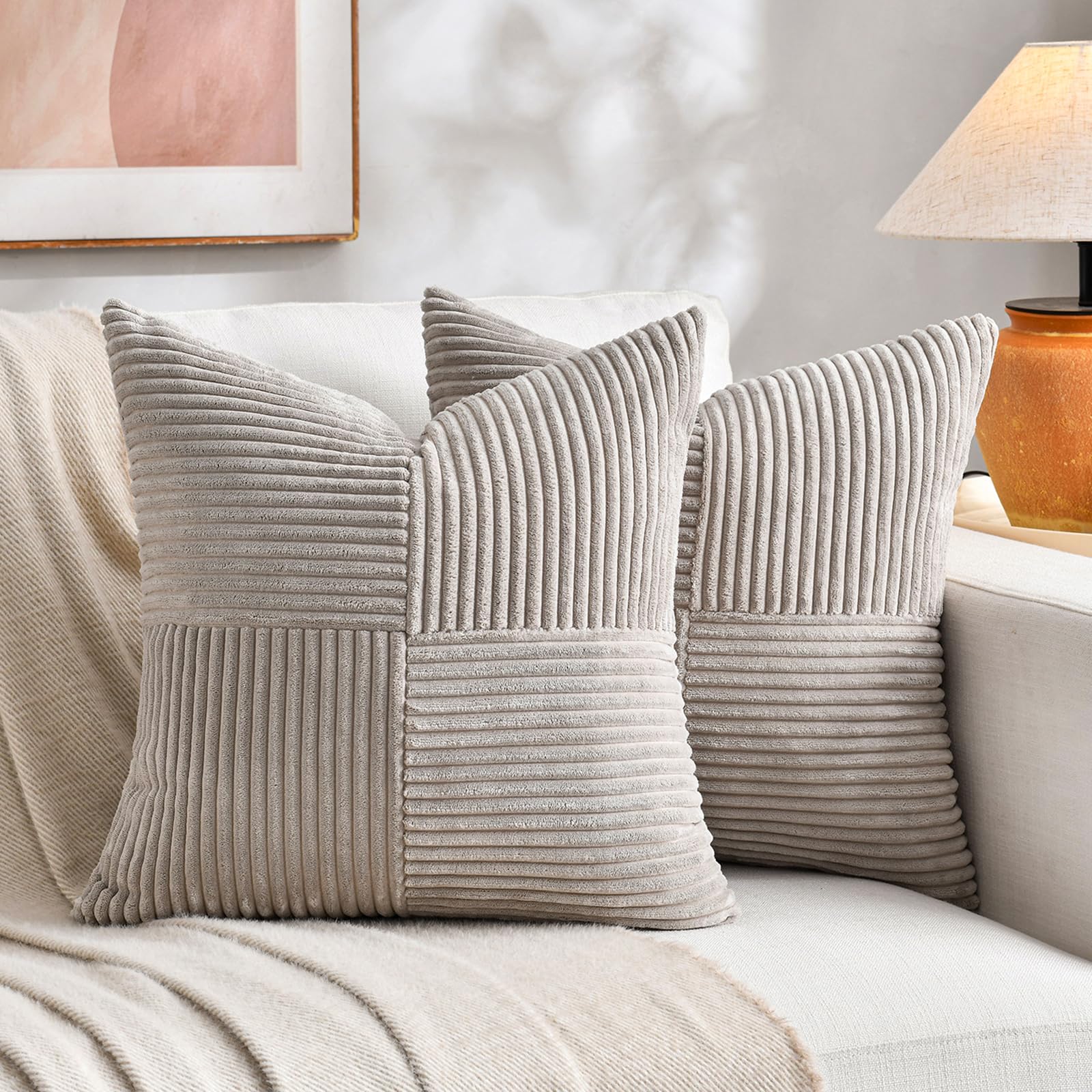 FDTERN Decorative Throw Pillow Covers 26 x 26 Inch for Living Room Couch Bed, Rustic Farmhouse Boho Home Decor, Soft Striped Corduroy Accent Cushion Covers, 65 x 65 cm (Pack of 2), Taupe โ image 1