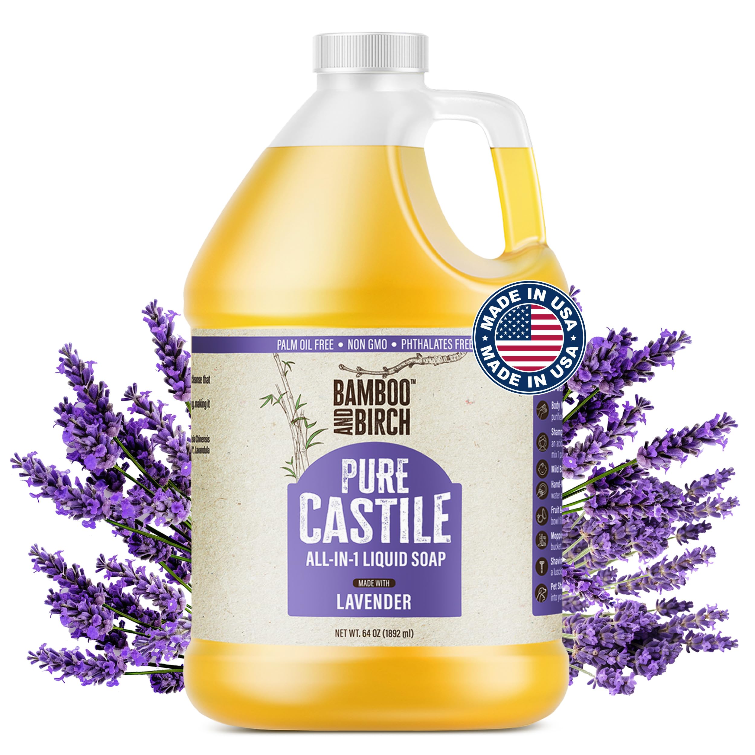 BAMBOO AND BIRCH Pure Castile Soap Liquid Organic, Certified Palm Oil Free Natural Soap, Lavender, 64 oz