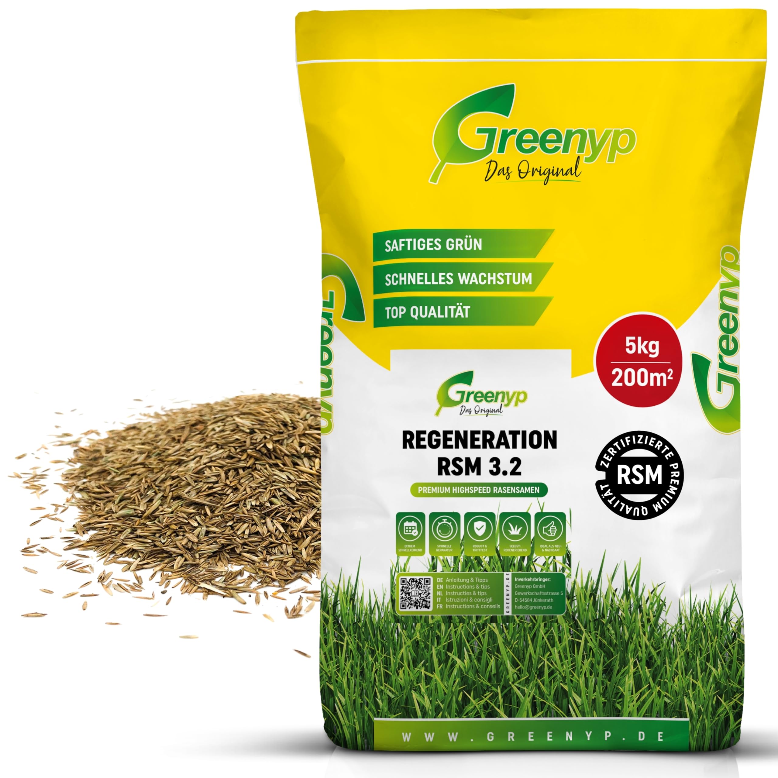 Greenyp Turbo Nachsaat RSM 3.2 I Rasensamen schnellkeimend Frühjahr I 5kg für 200m² I Ideal gegen Lücken als Neu- & Nachsaat I 100% RSM Rasensamen I Grassamen Rasensaat Gras Reparaturrasen