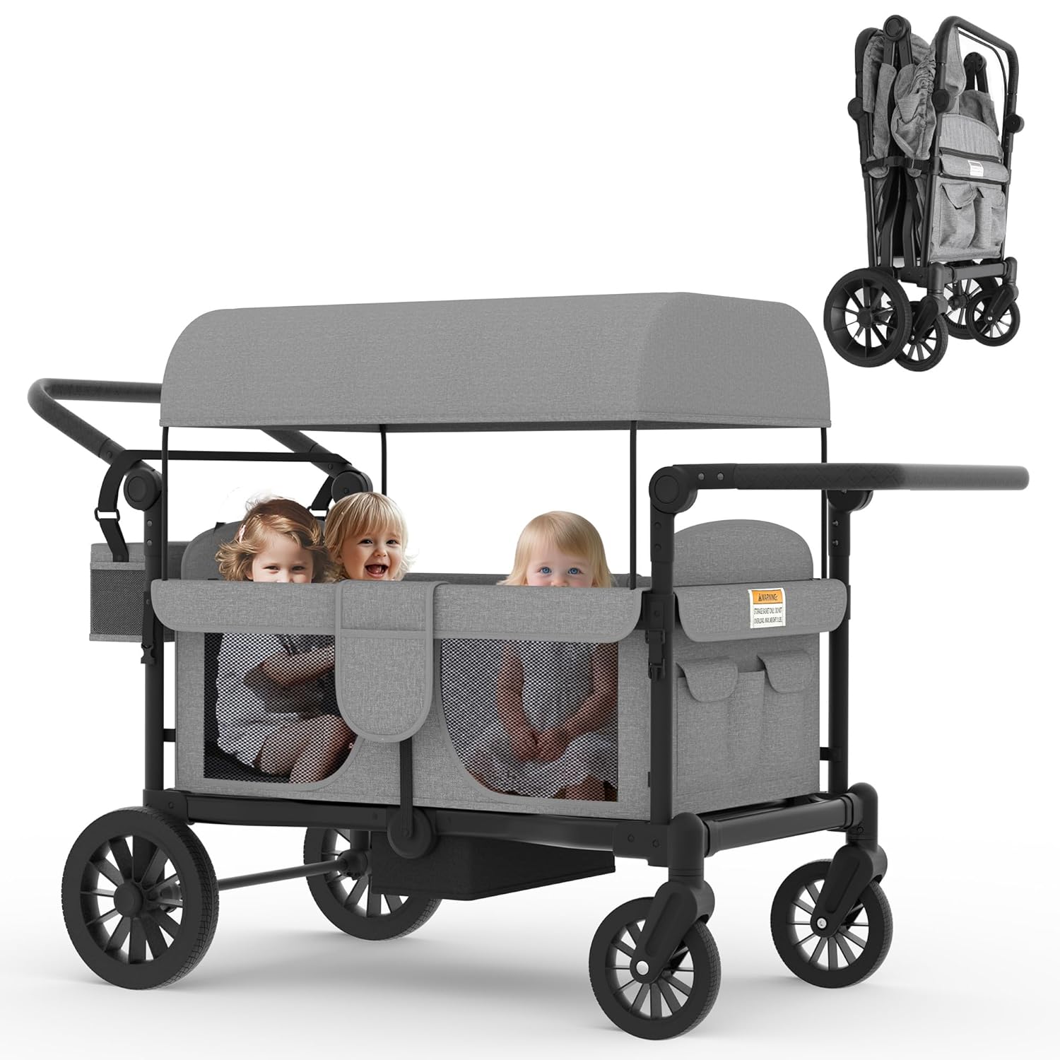 Xilingol 4-Seater Wagon Stroller for Kids, Foldable Outdoor Wagon with Canopy, Adjustable Handle, 5-Point Harness, Detachable Tray & Carry Bag (Grey)