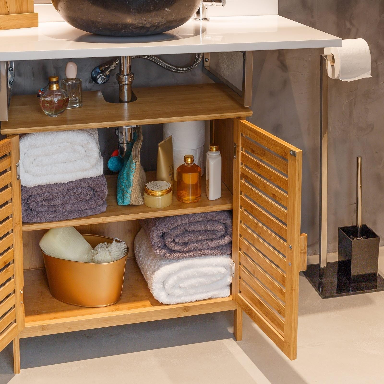 Mueble bajo Lavabo de bambú marrón con 2 Puertas de 60x62x30 cm | Preciosas puertas de persiana de estilo nórdico. Aprovecha el espacio con este armario funcional que da orden y calidez.