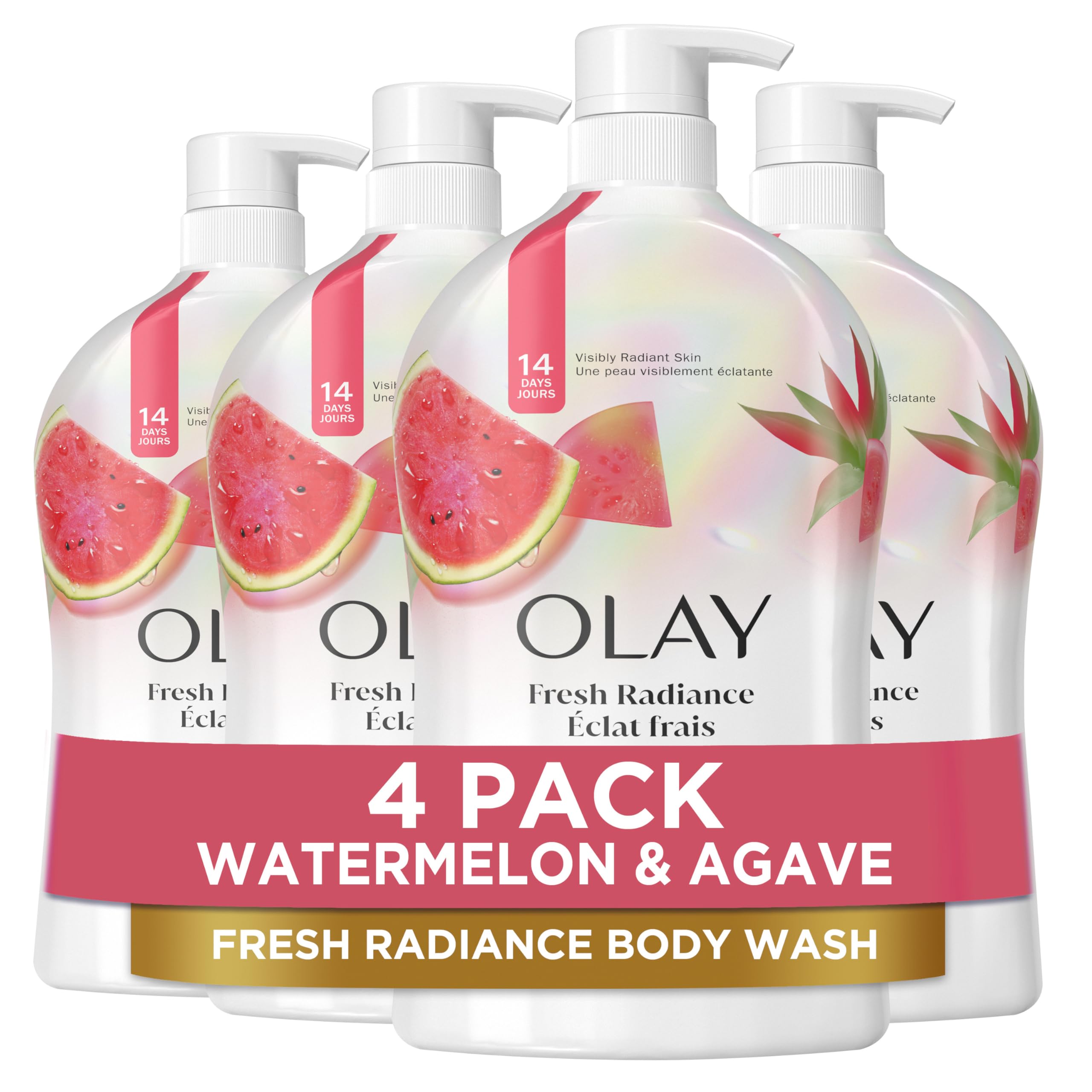 OlayBody Wash for Women, Fresh Radiance, Refreshing & Renewing, Made with Plant Based Cleansers, B3 Botanical Complex, For All Skin Types, Watermelon & Agave Scent, 33 fl oz (Pack of 4)