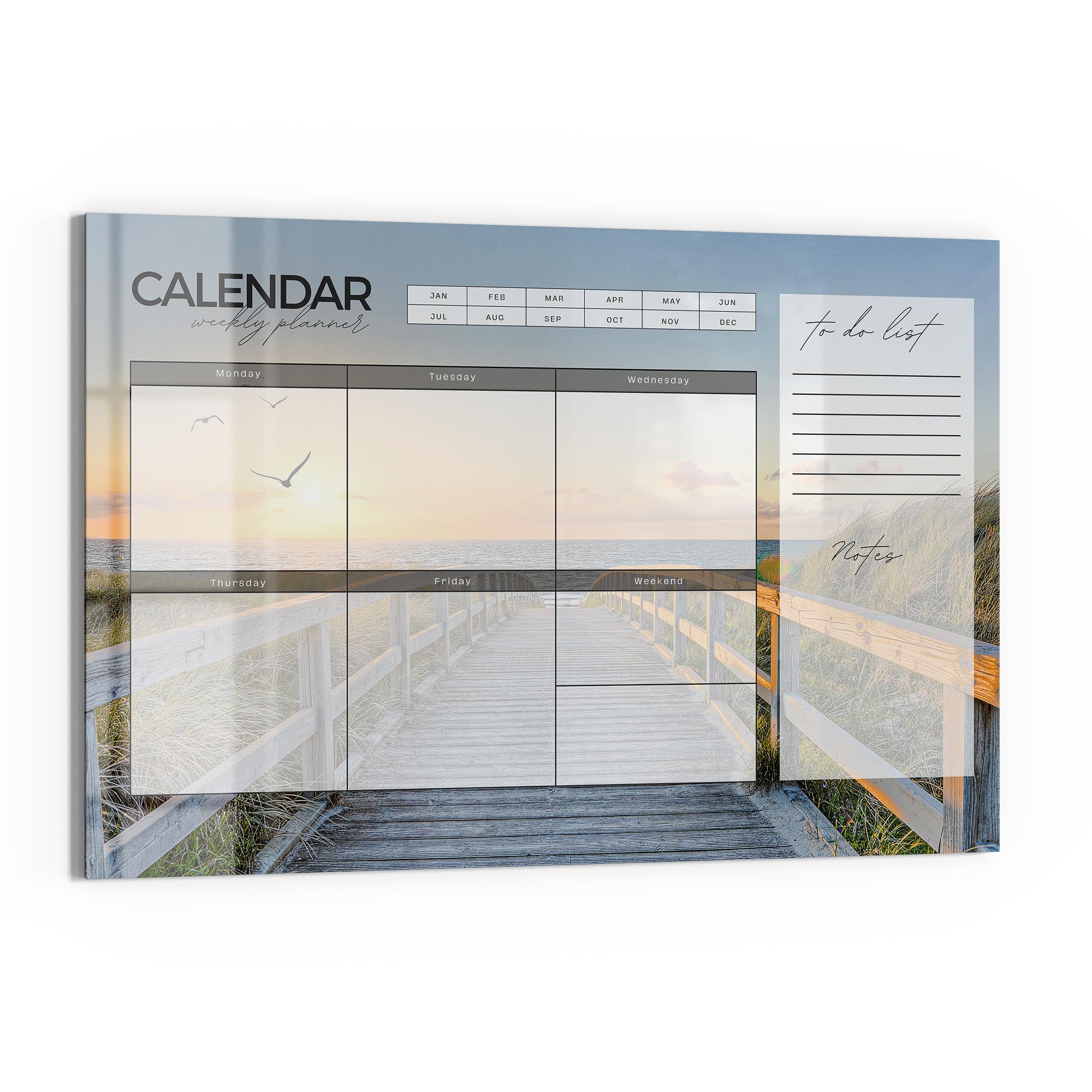 DEQORI Lavagna magnetica in vetro | 90 x 60 cm | motivo "Agenda settimanale Mar Baltico (EN)" | Lavagna magnetica con magneti, penna e panno per cucina e ufficio | Lavagna magnetica e scrivibile