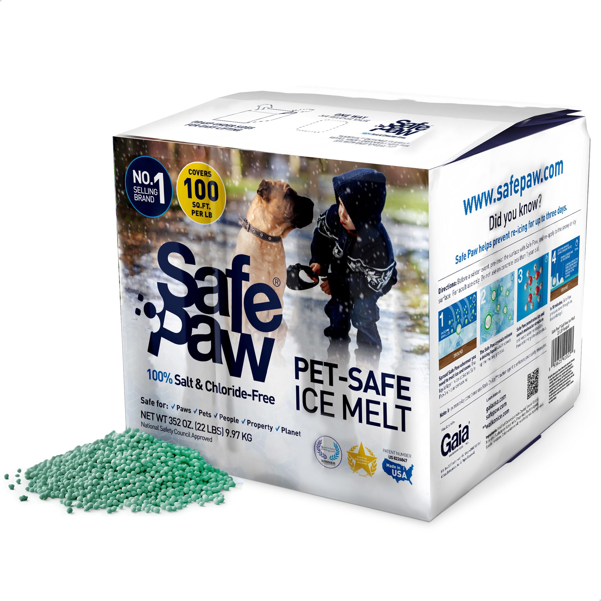 Safe Paw Pet Safe Ice Melt, 100% Salt and Chloride Free with Traction Agent, Non-Toxic, Fast Acting, Lasts 3X Longer – 22 Lb Box
