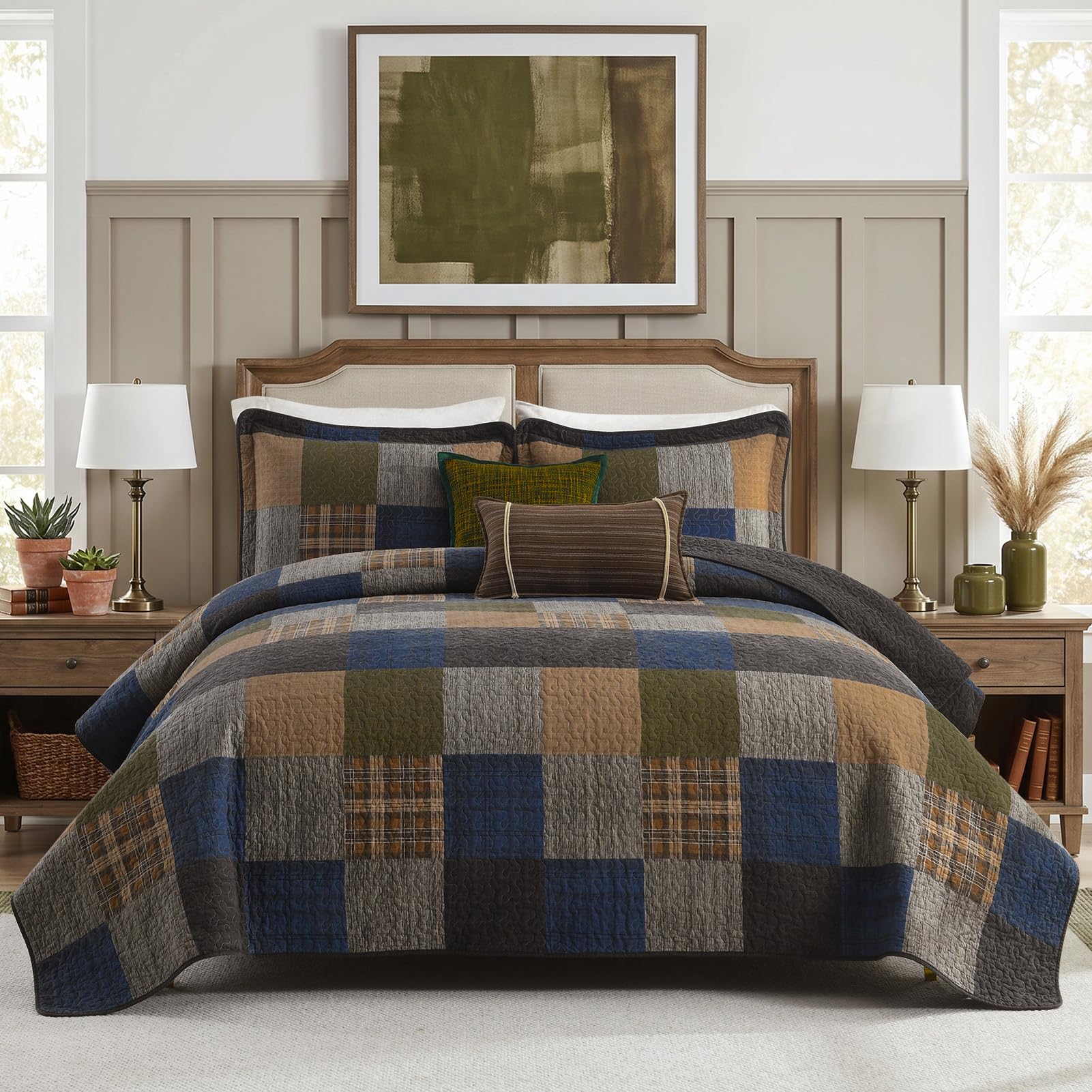 Finlonte Plaid Queen Size Quilt, 5 Pieces Lightweight Cotton Quilted Bedspread, Farmhouse Patchwork Queen Comforter Sets, Soft Reversible Queen Quilt Bedding Set for All Season, Brown/Green/Gray/Blue
