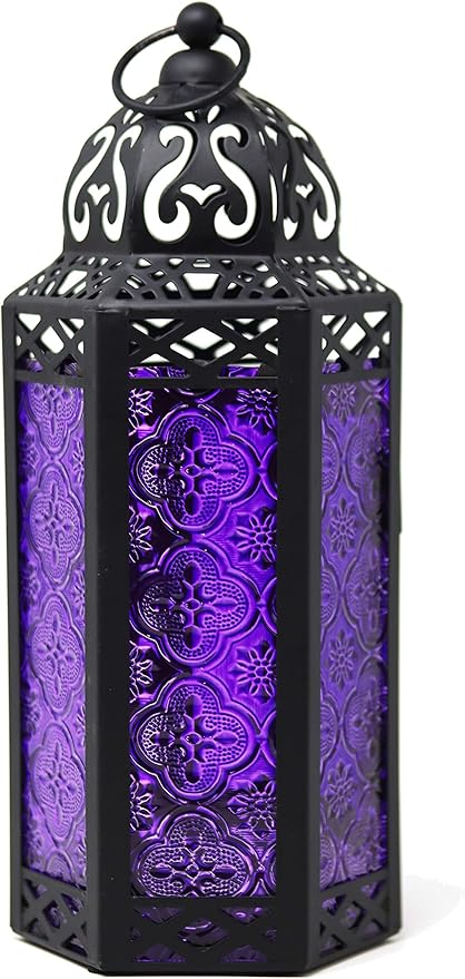 VELA LANTERNS 10.5" Purple Gothic Moroccan Candle Lantern Decorative Candle Holder Lamp for Table or Hanging, Ramadan Decorations, Indoor Home Room Halloween Decor, Outdoor Patio or Porch, Medium