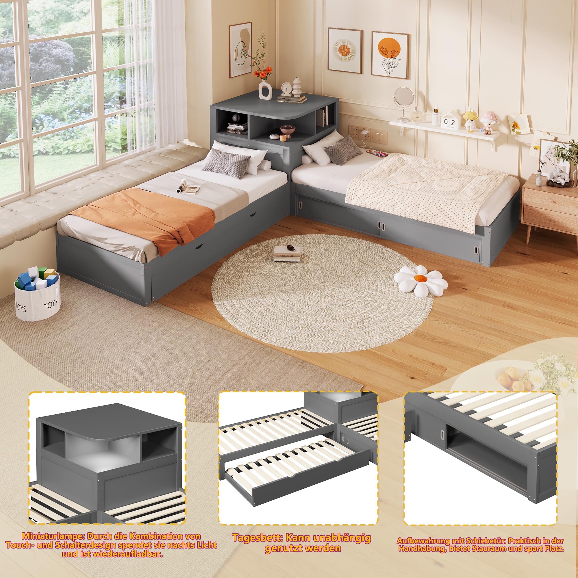 Cama Nido 90x200 con Respaldo en Forma de L Cama Canapé Madera de Pino Single Bed con Almacenamiento Integrado Estructura Angular de Plataforma en L para Estudio Gris