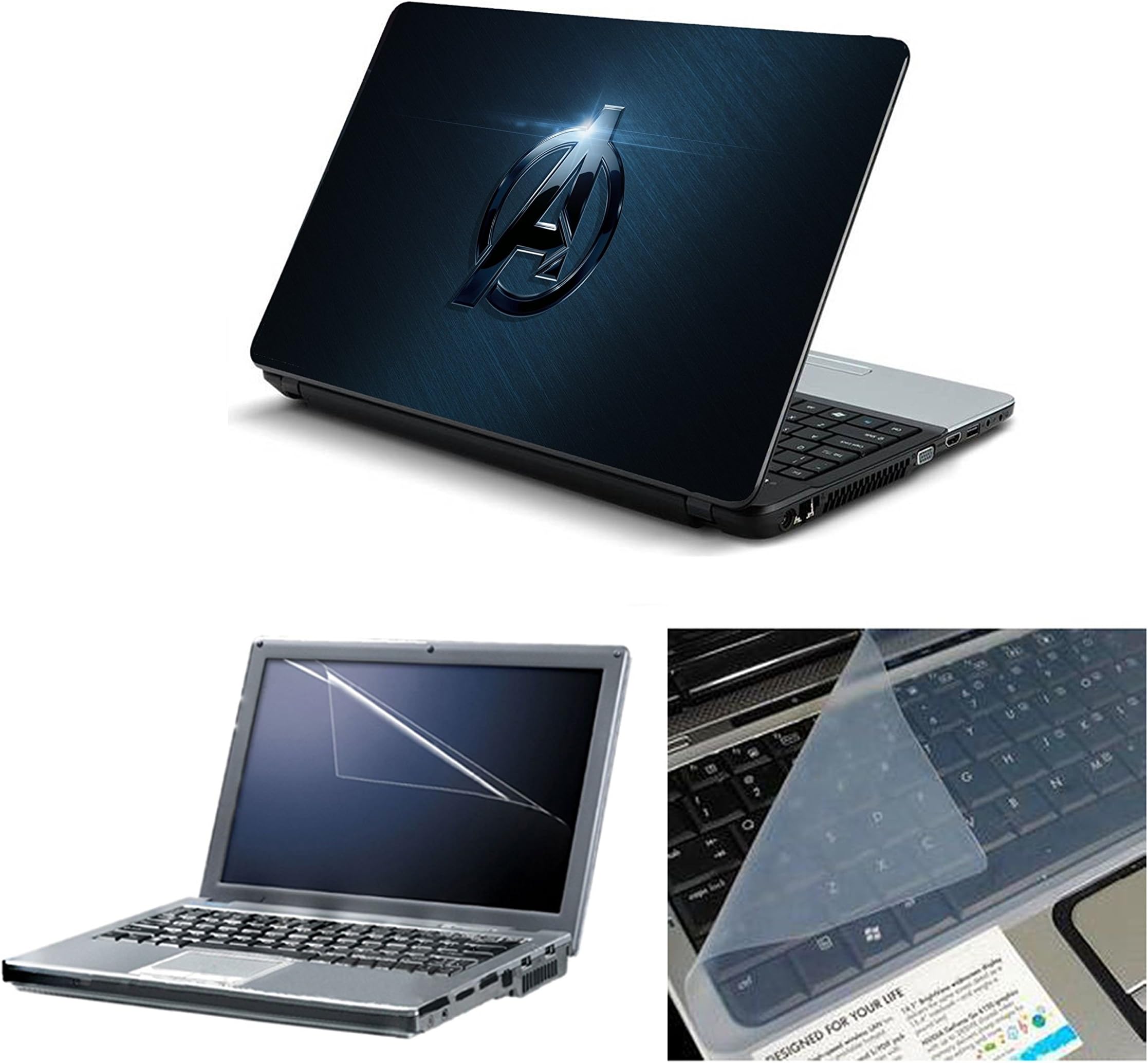NAMO ART 3in1 Laptop Accessories Combo Kit - Laptop Skins 15.6 inch with Screen Protector and Key Guard for All Laptops - Bluish Avengers Logo