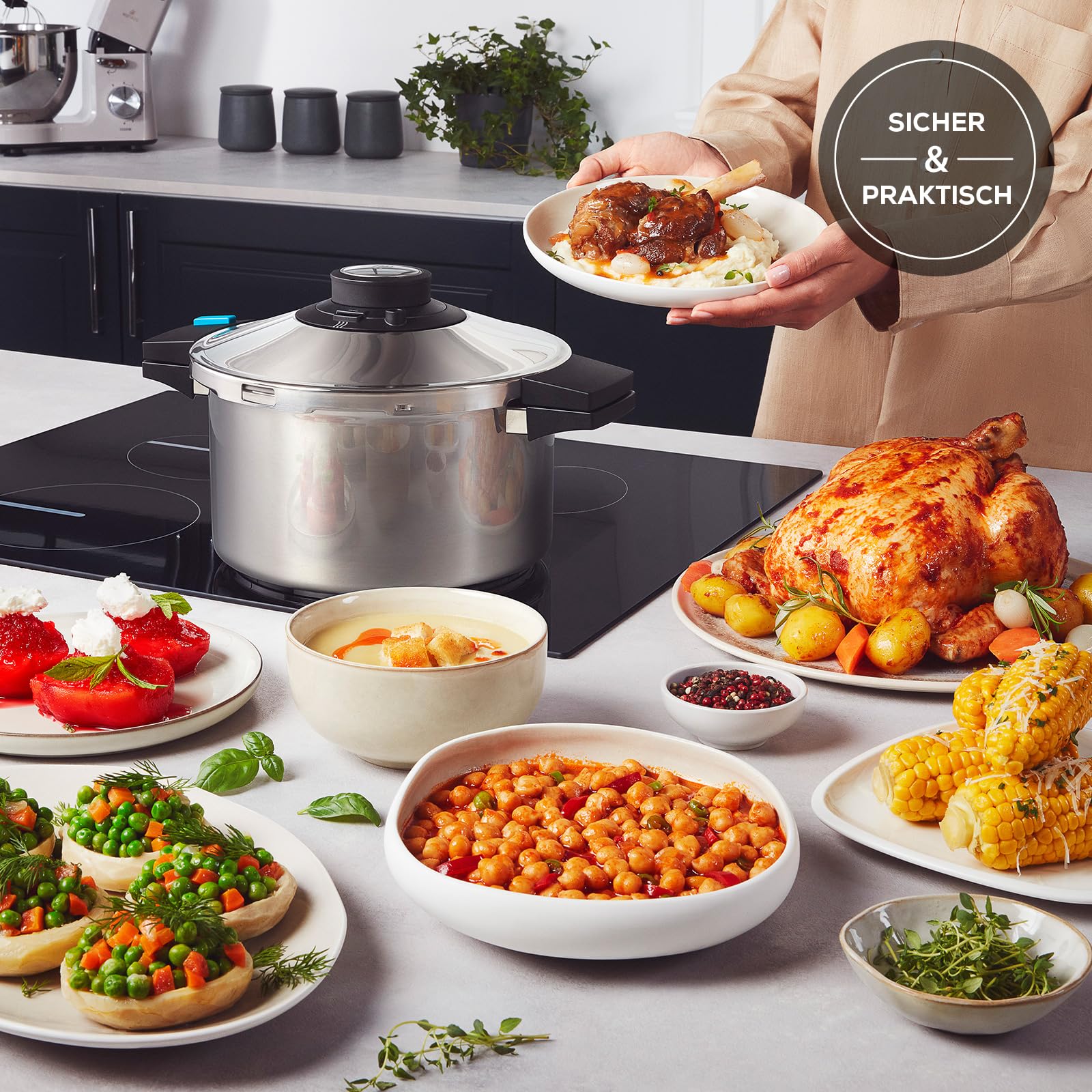 Karaca Quick and Safe Schnellkochtopf-Set 4+6 Lt, Ergonomische, nicht brennende Griffe und Aufsätze aus Edelstahl, Programm Suppen und Gemüse, Programm Fleisch und Hülsenfrüchte
