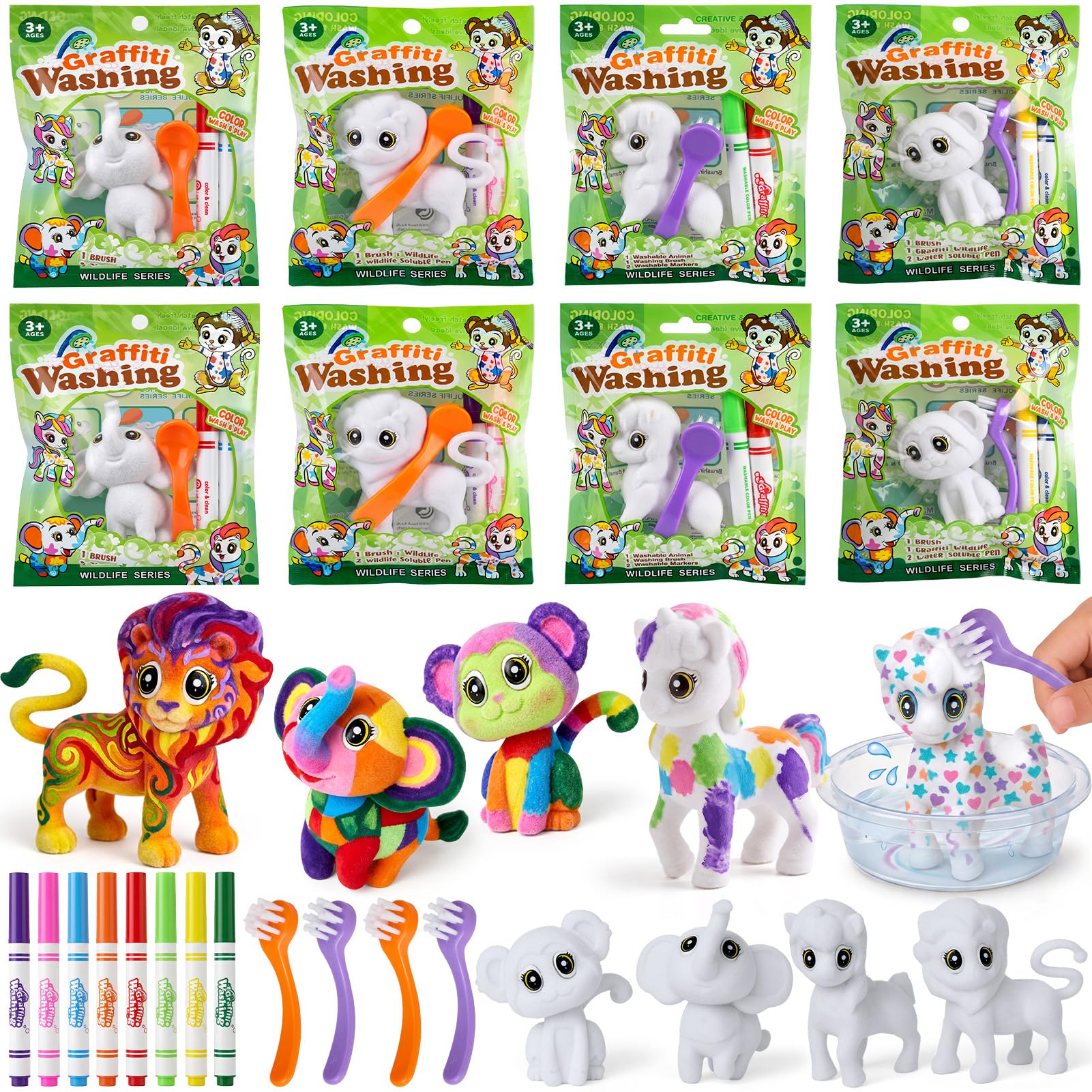 8 Pack Animals Party Bag Fillers for Kids Painting Craft, Washing Graffiti