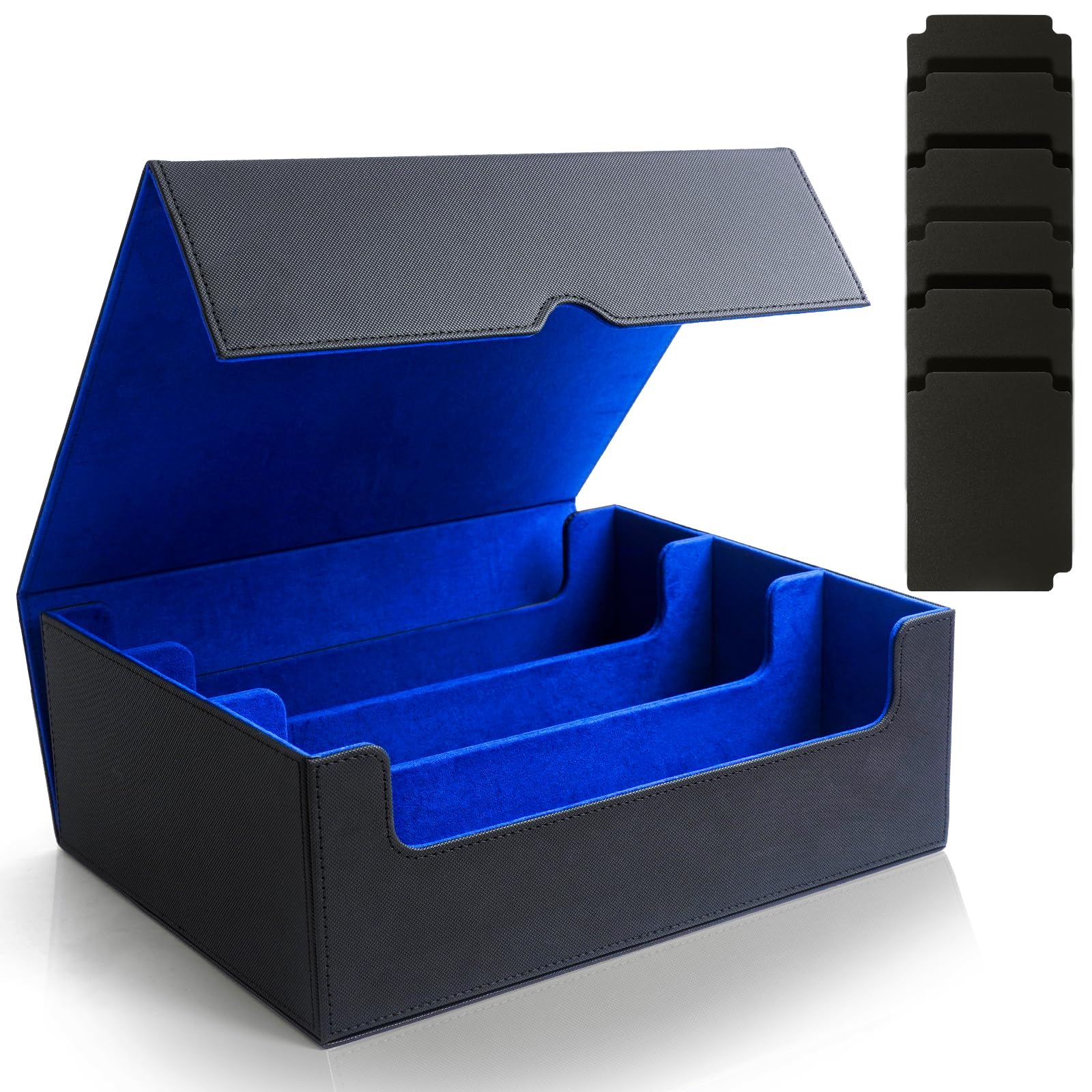 AJofun 1800+ Card Deck Box for MTG PTCG YGO, Trading Card Storage Box, Magnetic Deck Box Case with 6 Dividers, Large Capacity for 1800+ Single-Sleeved Cards TCG Trading Card Games (Black & Blue)