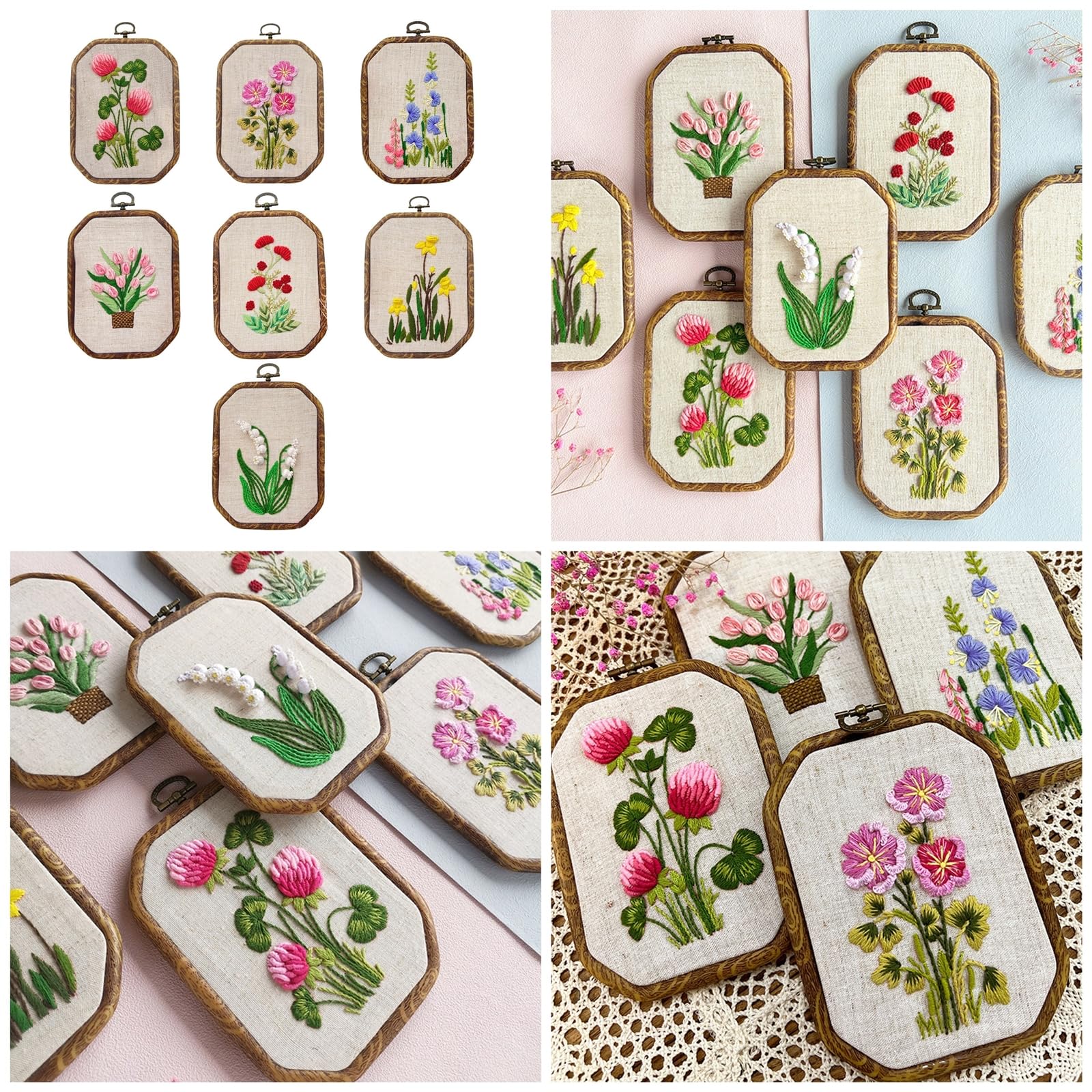 Instrucciones para Marco de Costura de 4,3 x 6 Pulgadas, Tela de Bordar, Hilo de Coser y Aguja, Juego de Flores para Principiantes