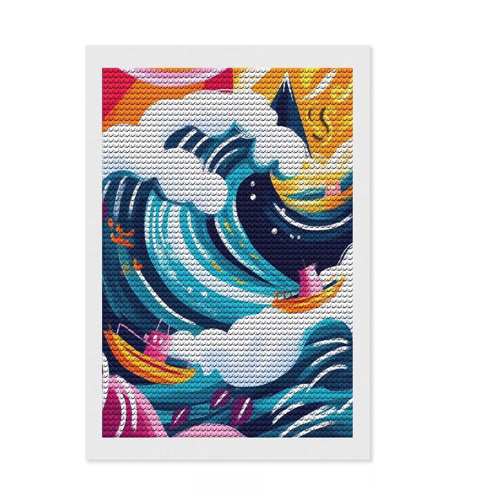 Junmoney Vivid Fauvist Vision of The Great Wave of Kanagawa DIY Diamond Art Canvas Kit 8"x12", for Adults, Boho Decor, Full Kit Included, Artistic Hobby, Arts and Crafts