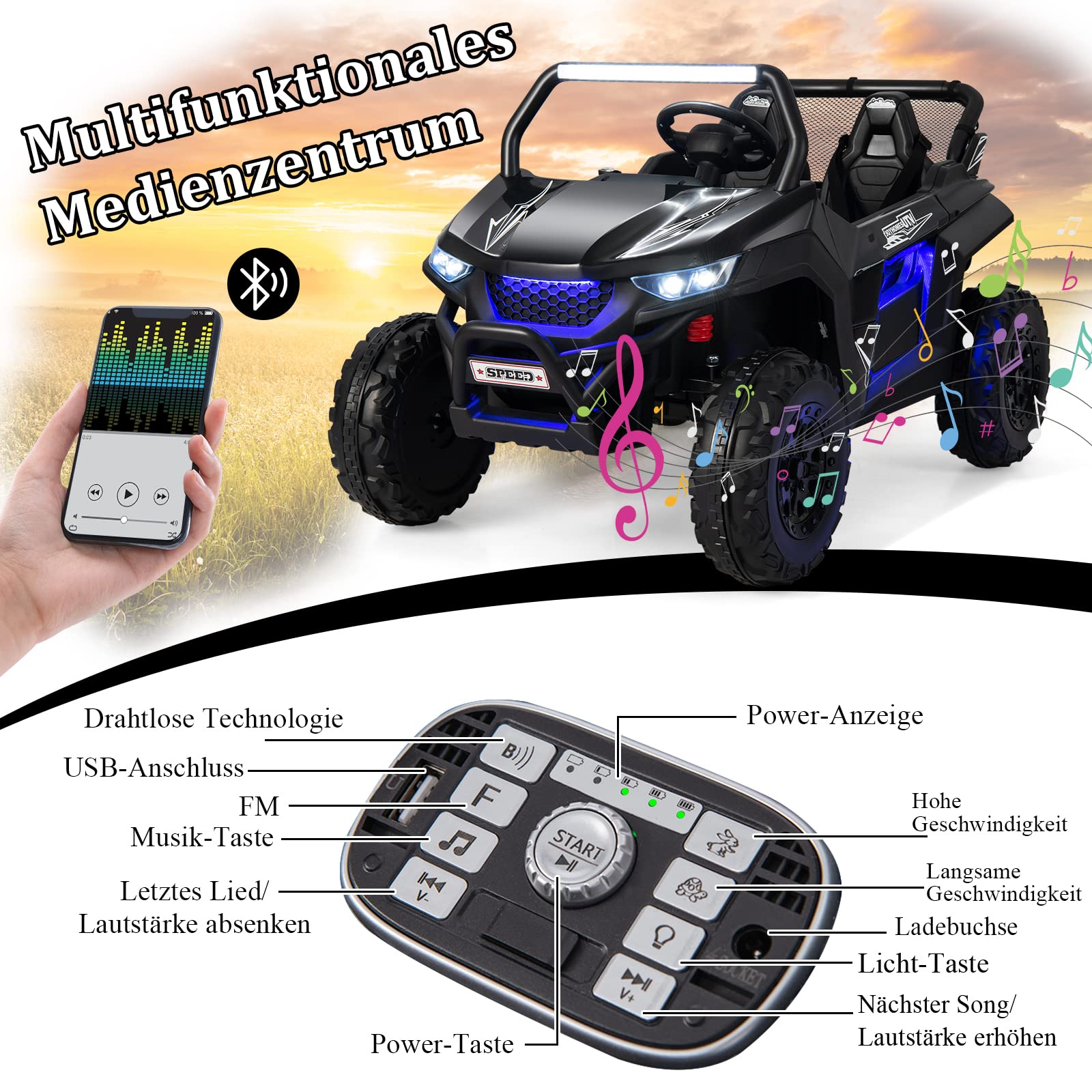 COSTWAY 2 Sitzer Kinderauto mit 2,4G Fernbedienung, 12V Kinder UTV mit Musik und Scheinwerfer, Elektro Auto 2-4 km/h, Elektroauto für Kinder ab 3 Jahren (Schwarz)