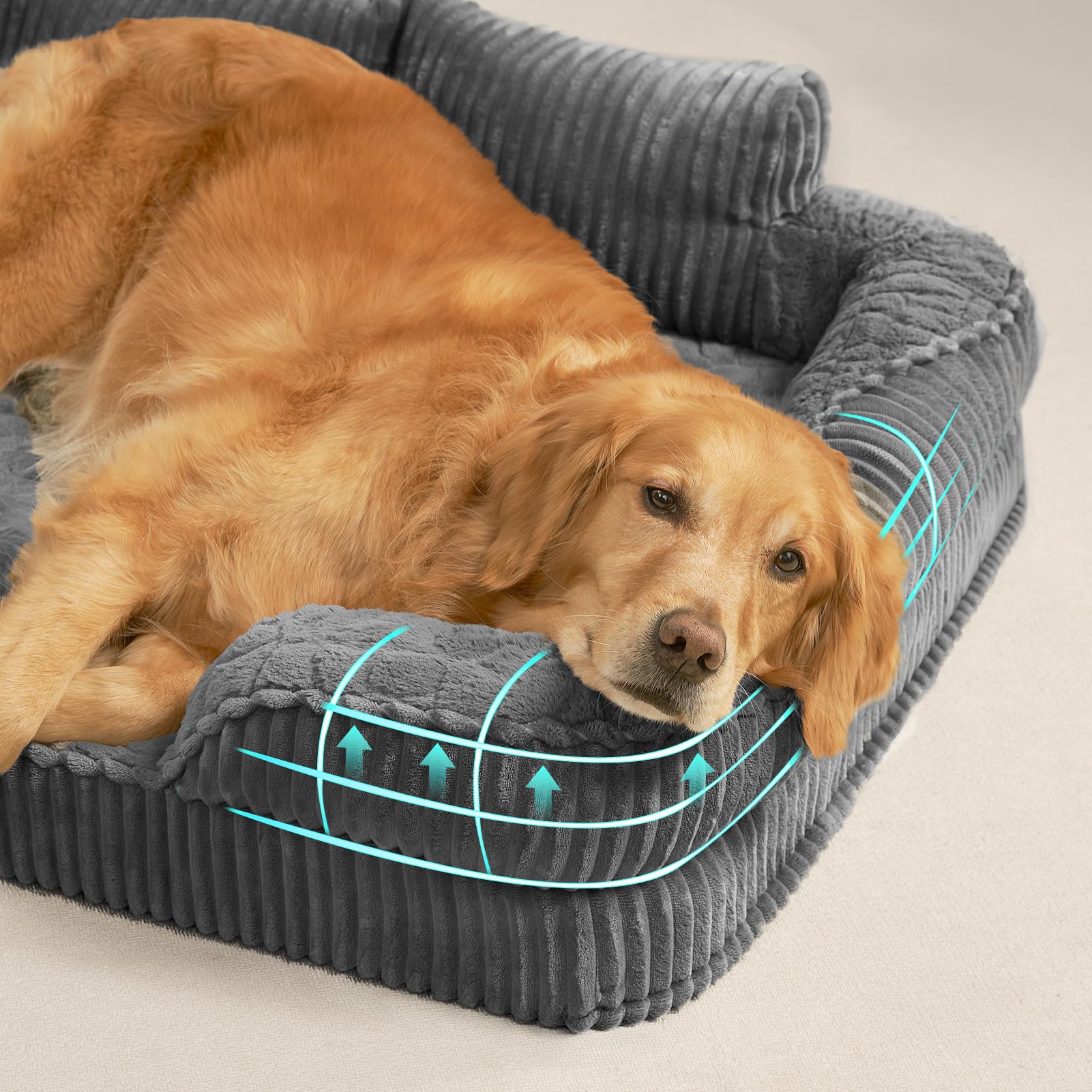 EHEYCIGA Panier Chien XXL Grande Taille Orthopédique avec Dossier Haut 114x89cm, Lit Chien à Mémoire de Forme, Canapé pour Chien Déhoussable et Lavable, Coussin Chien Imperméable, Gris - 5