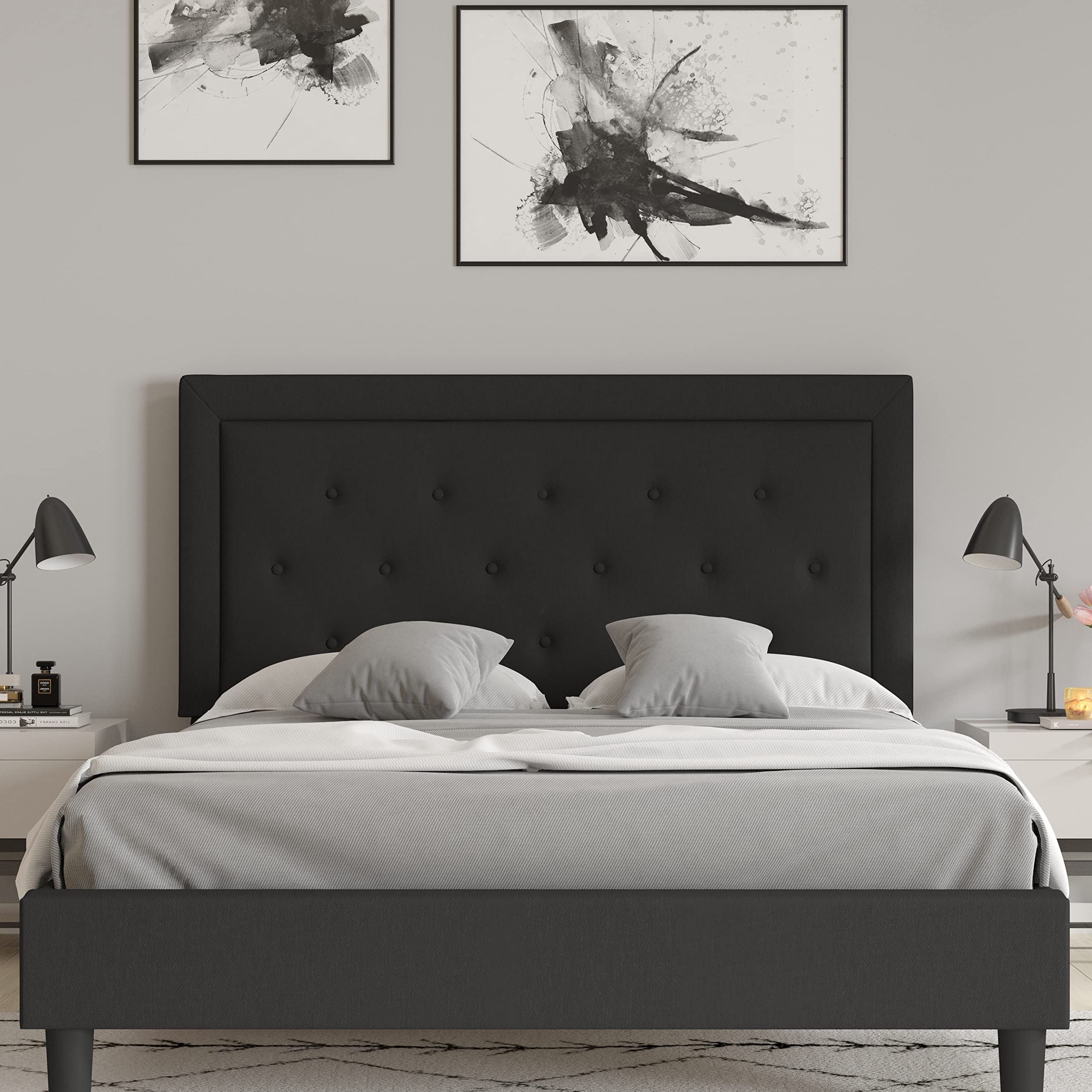 Merrick Lane Mallory Queen Size Platform Bed - Tufted Upholstered Platform Bed - Black Fabric