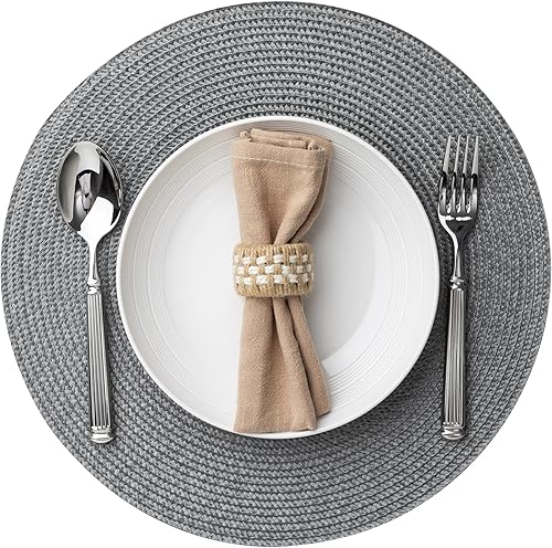 Miniatura 11 de Manteles individuales redondos de plástico, juego de 6 manteles individuales tejidos lavables y limpiables para mesa de comedor, resistentes al