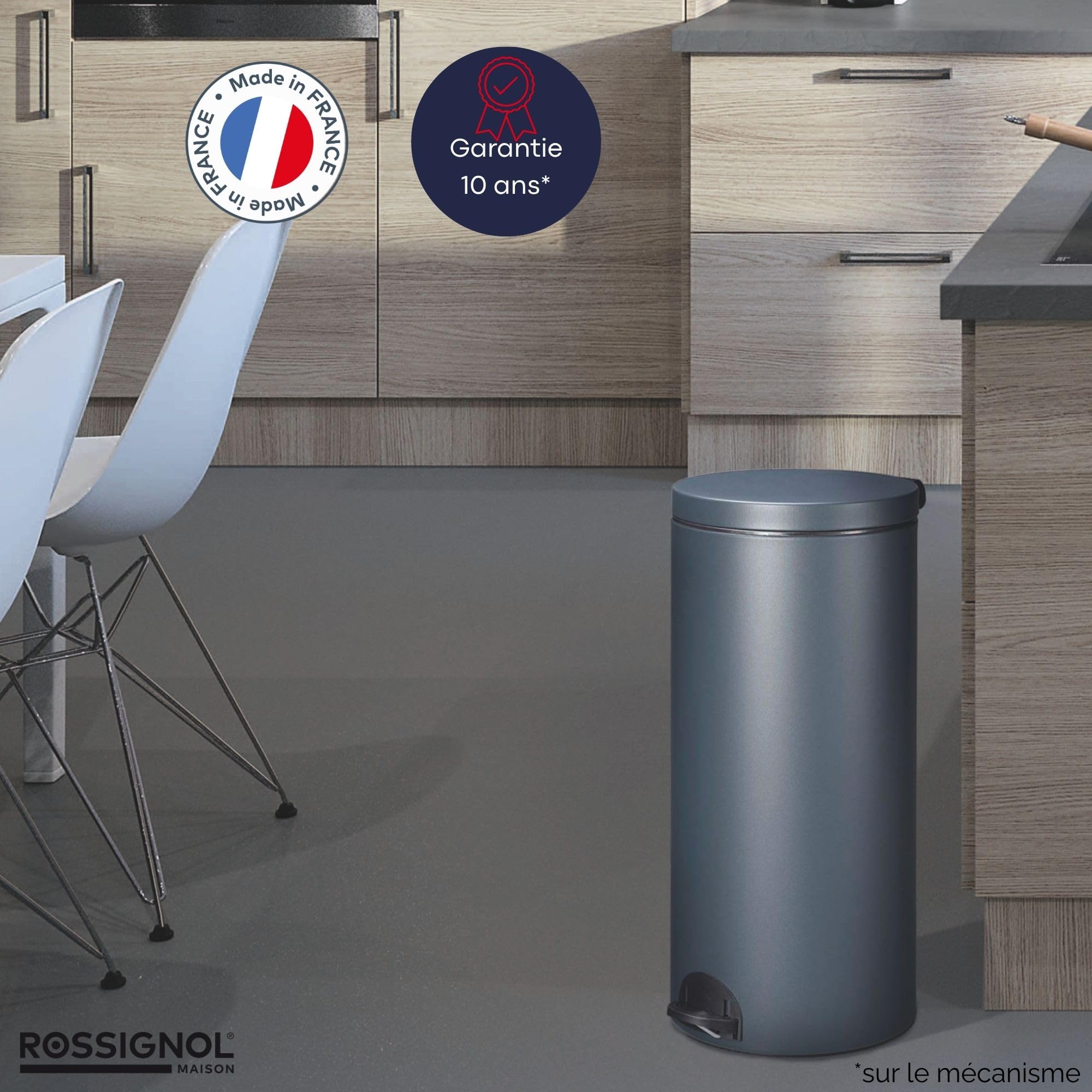 ROSSIGNOL Poubelle de cuisine, Poubelle 30L, Poubelle à pédale, Fabrication française, Seau intérieur amovible avec anse, Pratique ELORA